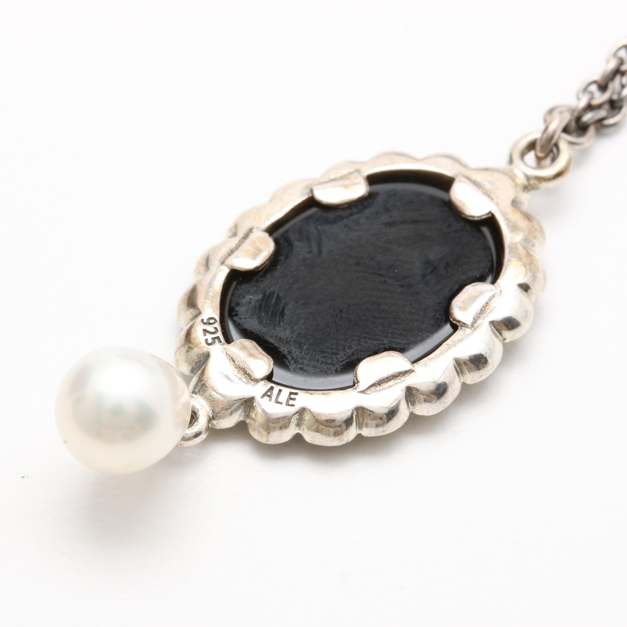 Pandora Sterling Silver Onyx Cameo and Cultured Pearl Necklace