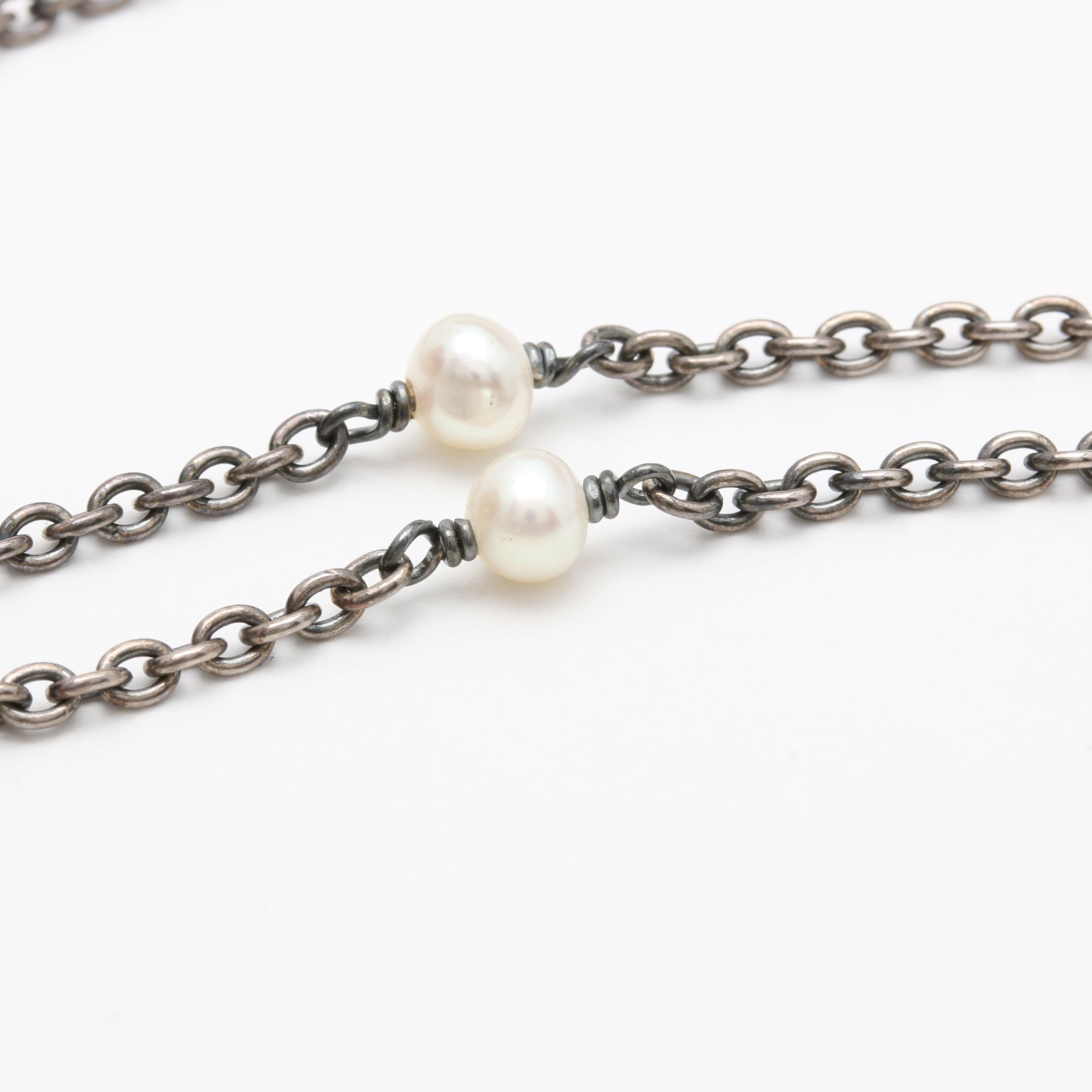 Pandora Sterling Silver Onyx Cameo and Cultured Pearl Necklace