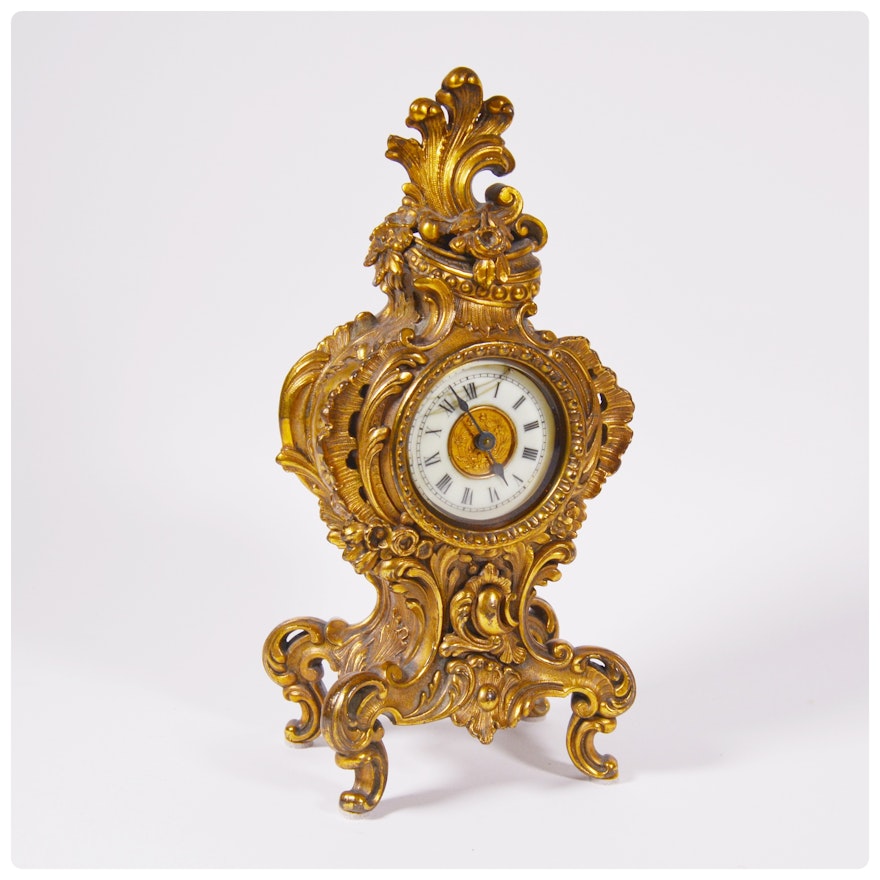 Ansonia French Gilt Bronze Rococo Style Mantel Clock