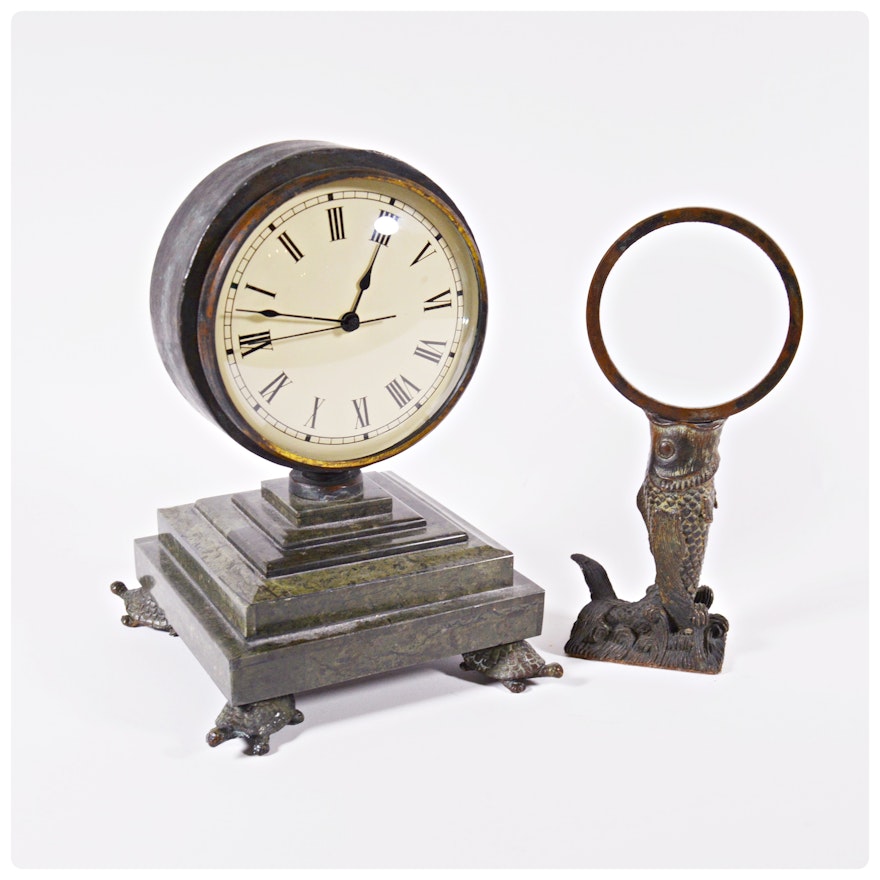 Maitland-Smith Turtle Foot Mantle Clock and Carp Magnifying Glass
