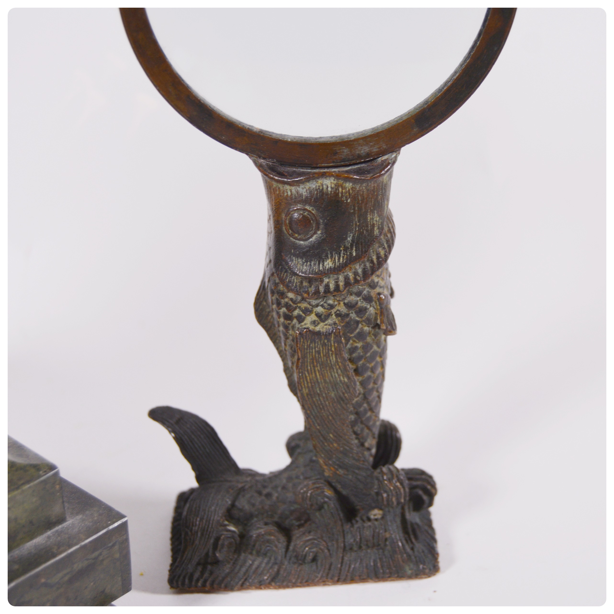 Maitland-Smith Turtle Foot Mantle Clock and Carp Magnifying Glass