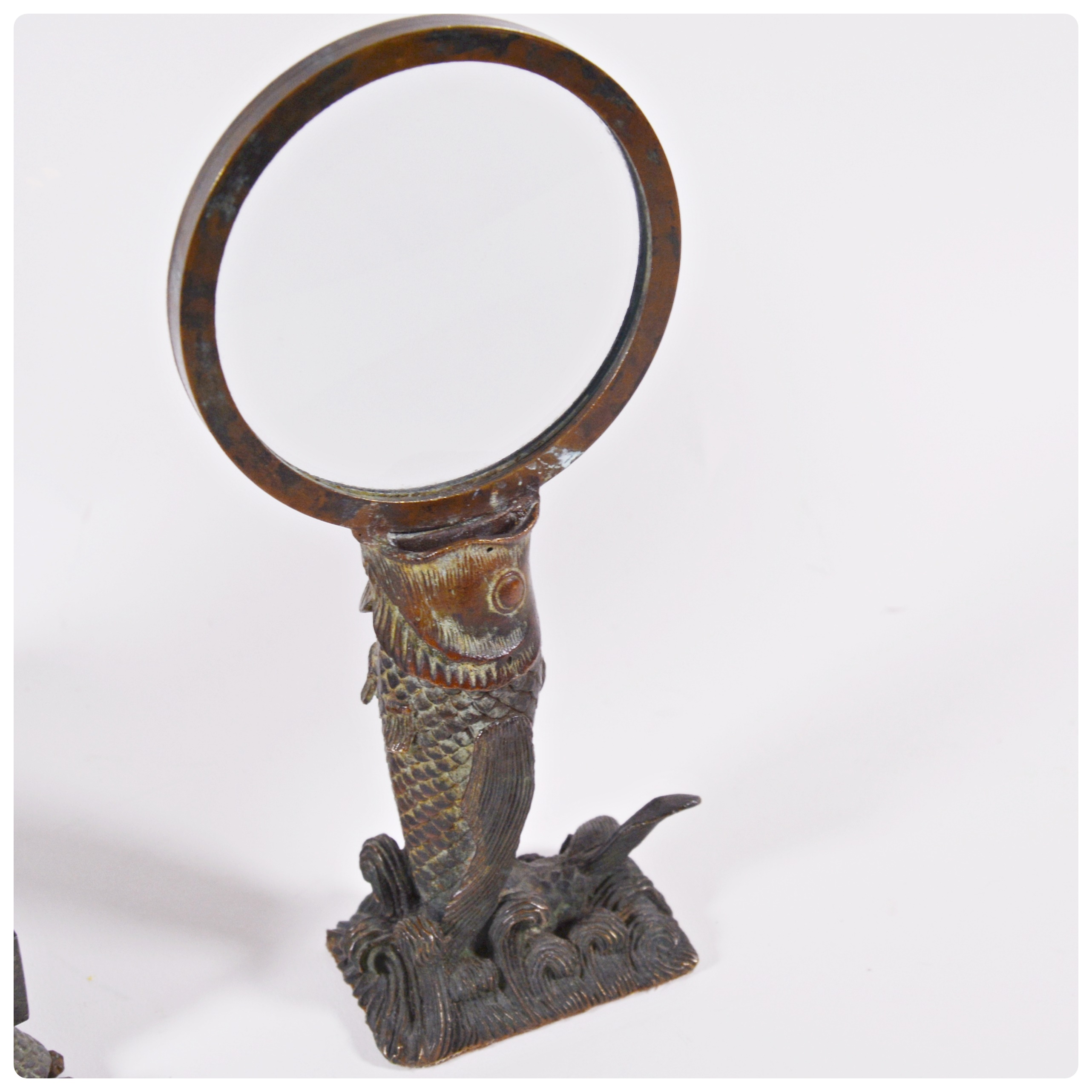 Maitland-Smith Turtle Foot Mantle Clock and Carp Magnifying Glass