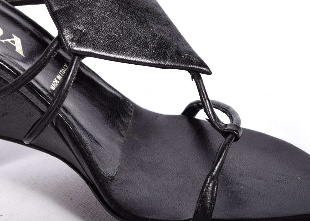 Prada Black Leather Wedge Sandals