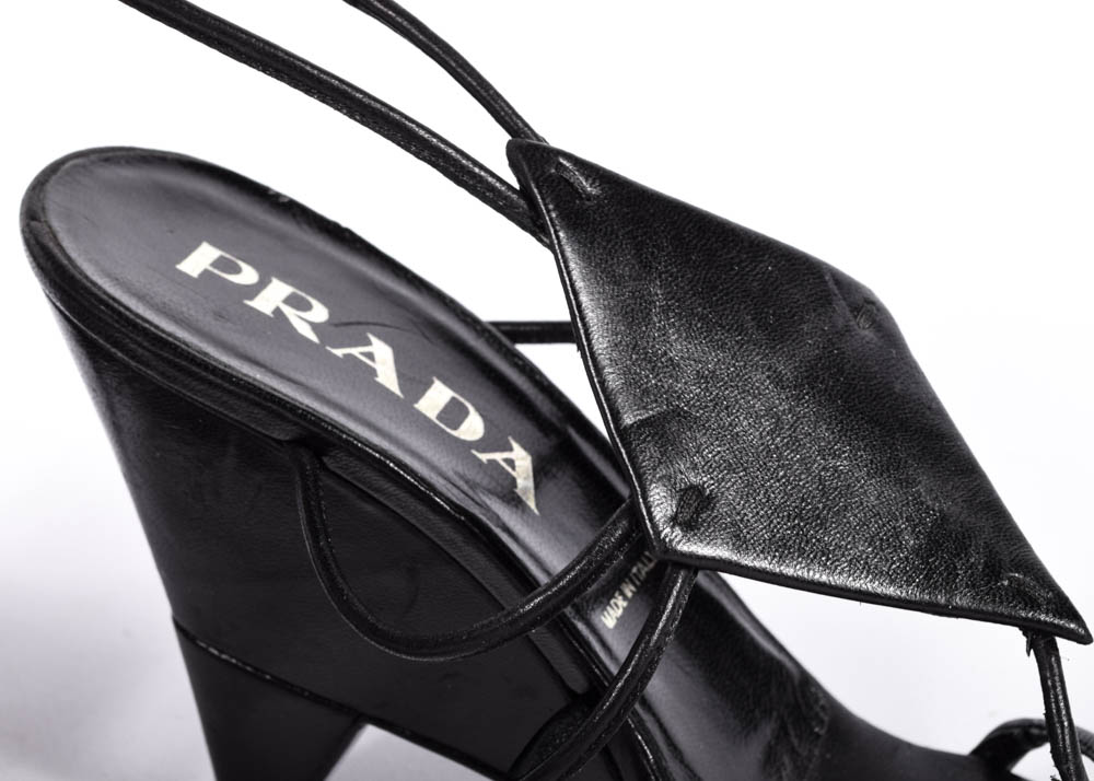 Prada Black Leather Wedge Sandals