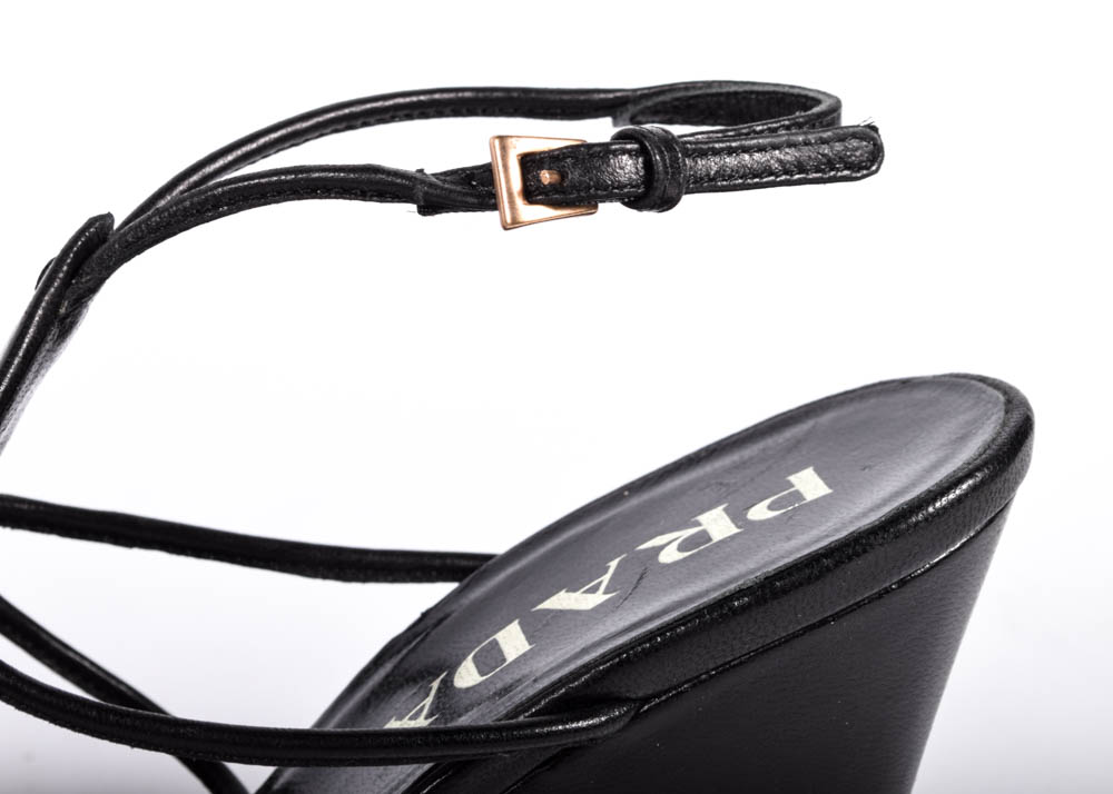 Prada Black Leather Wedge Sandals