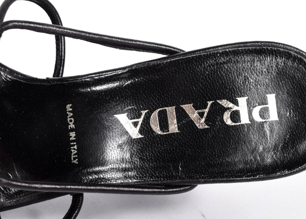 Prada Black Leather Wedge Sandals