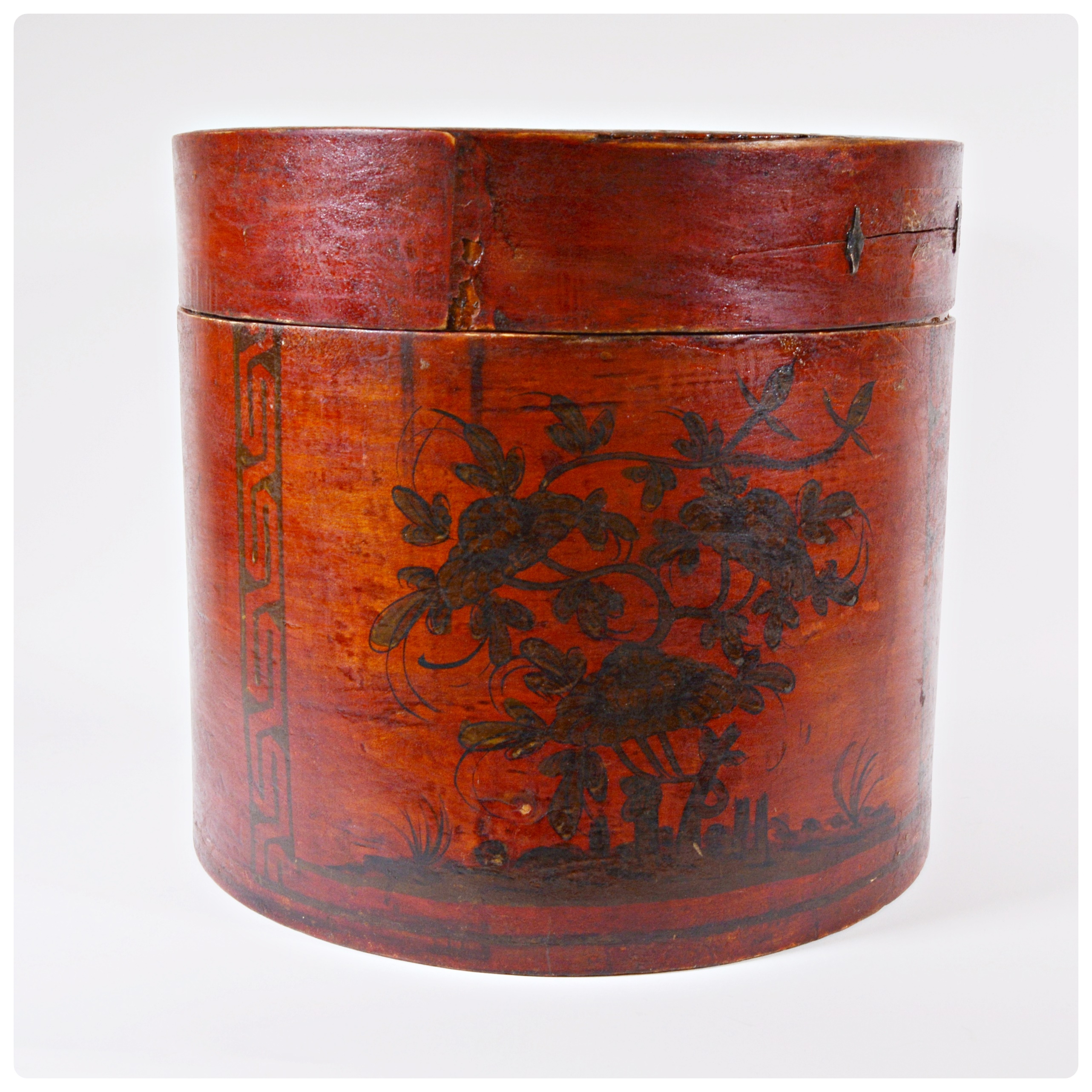 Antique Asian Style Wood Hat Box