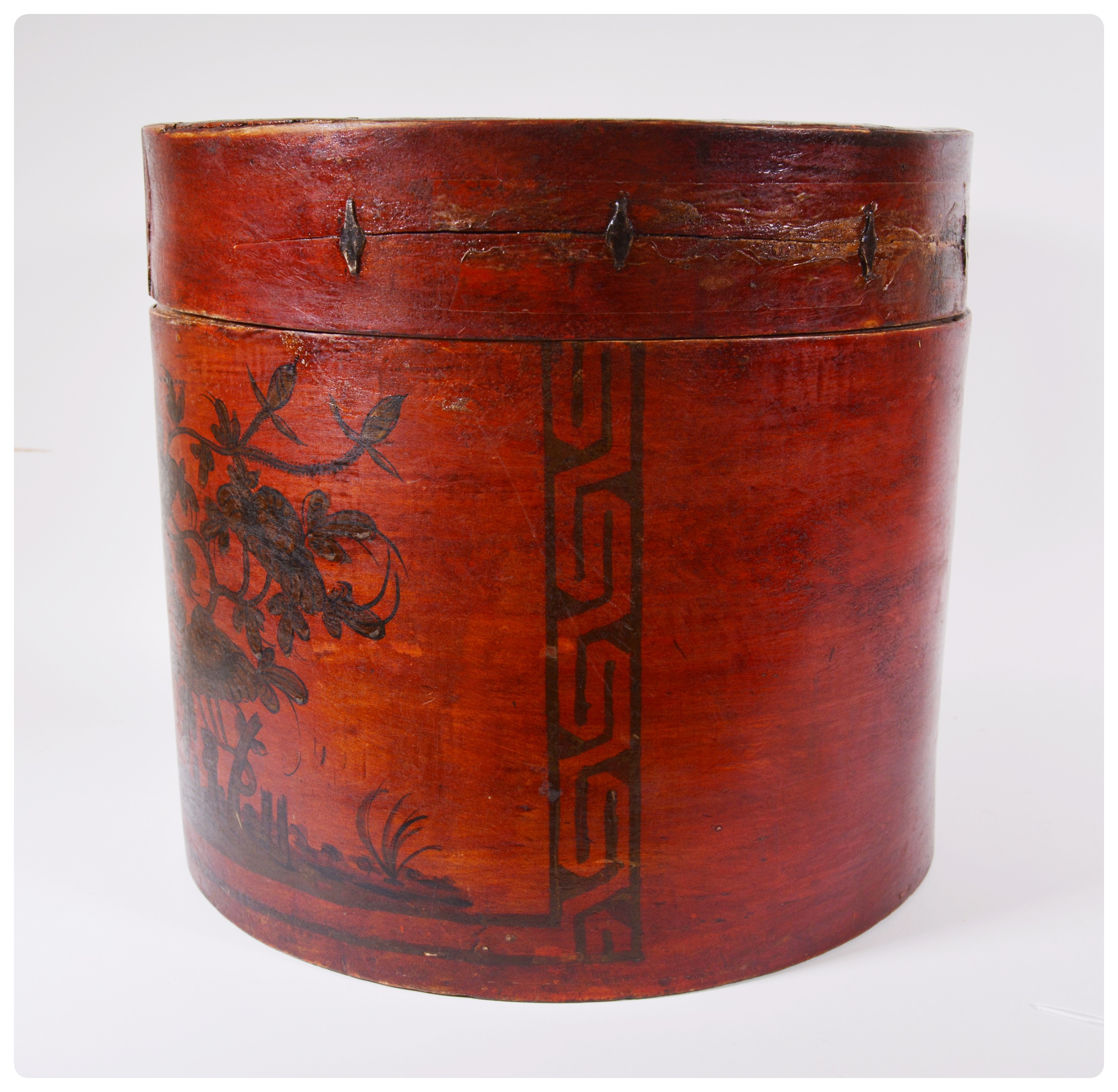 Antique Asian Style Wood Hat Box