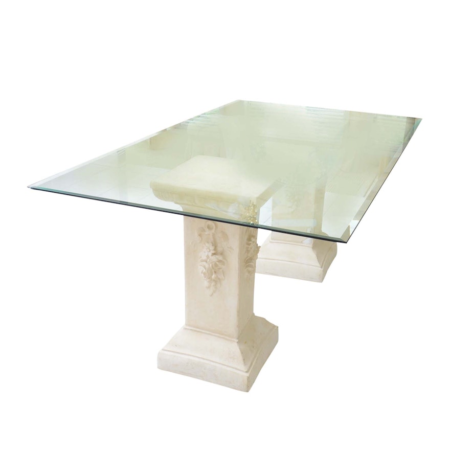 Beveled Glass Top Dining Table on Two Plaster Pillars