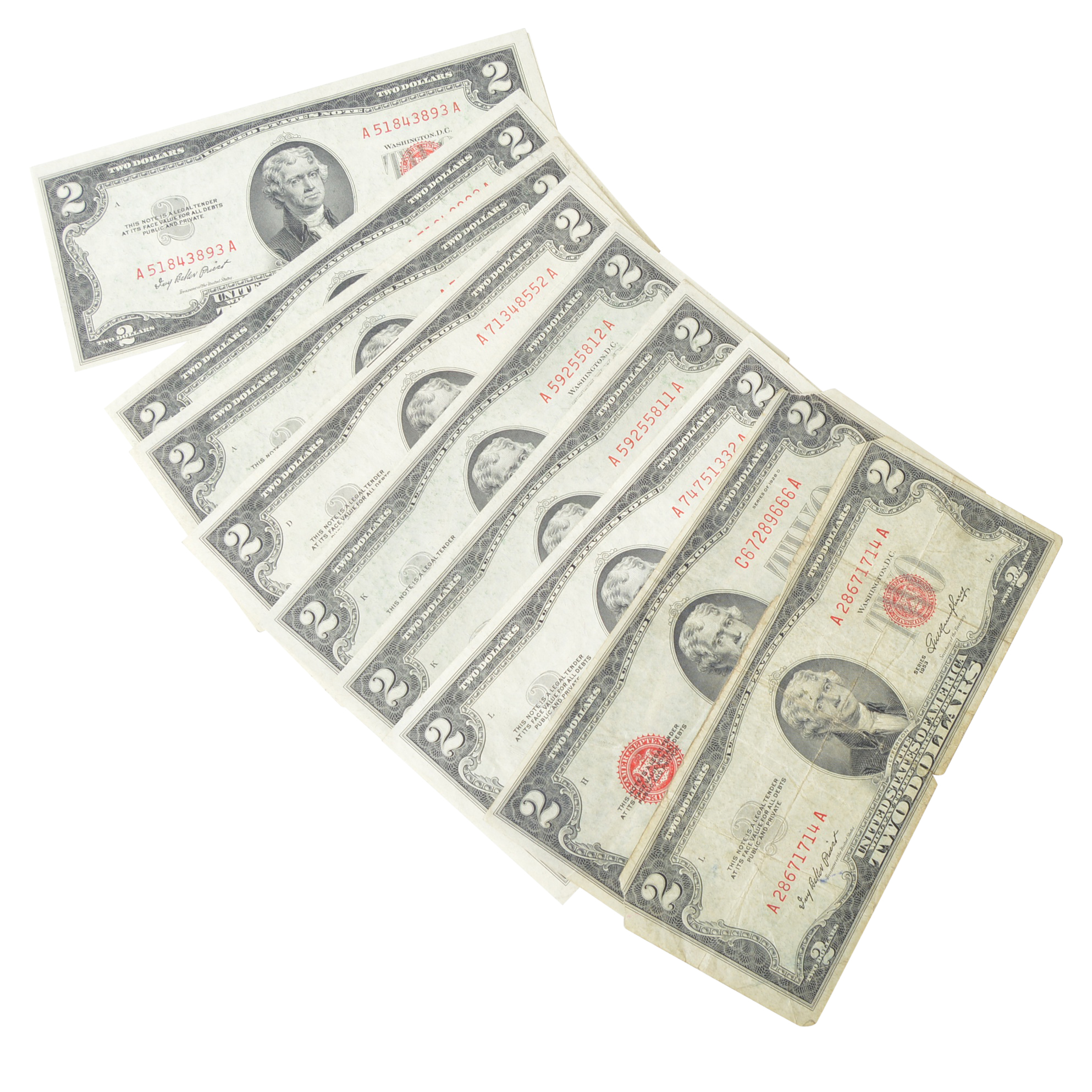 Eleven Red Seal 1926, 1953 B, 1953C United States Two Dollar Notes