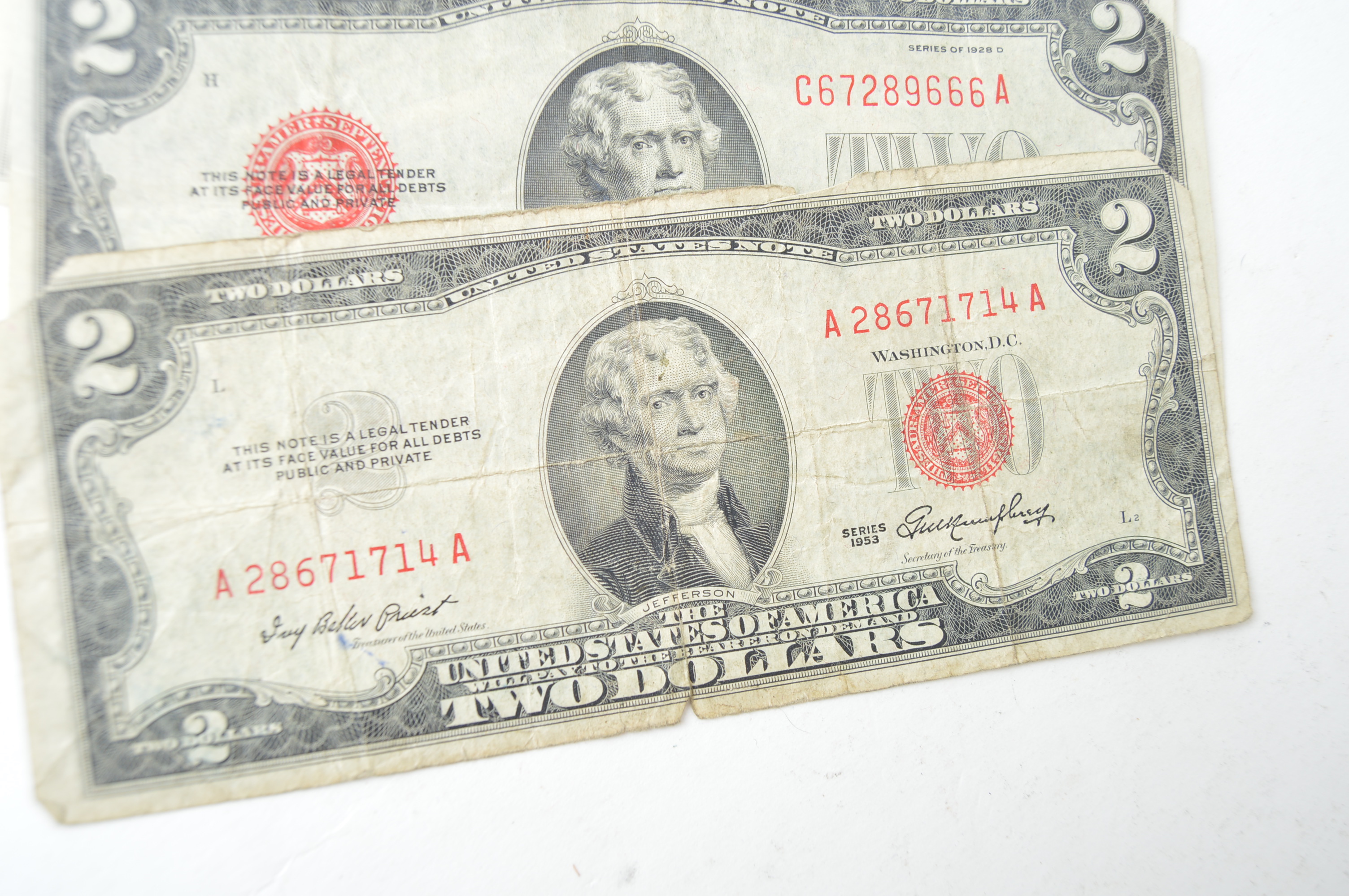 Eleven Red Seal 1926, 1953 B, 1953C United States Two Dollar Notes