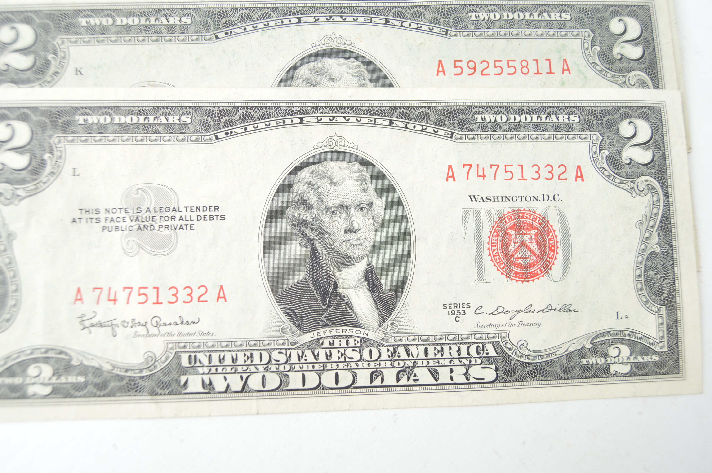 Eleven Red Seal 1926, 1953 B, 1953C United States Two Dollar Notes