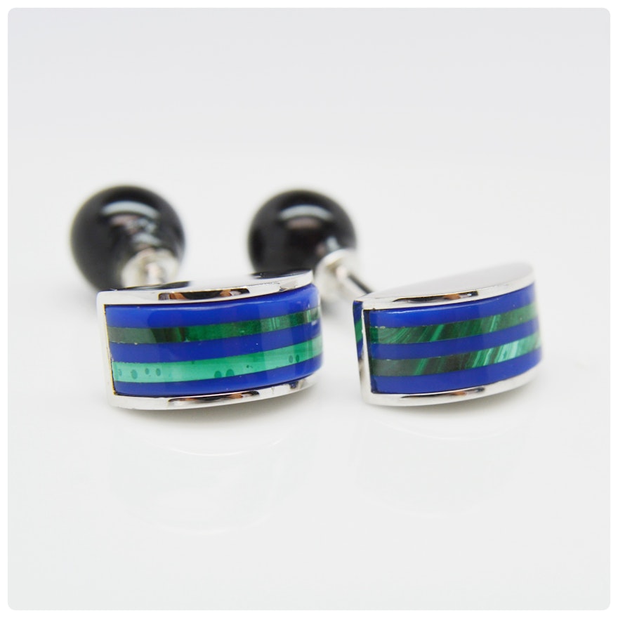 Onyx and Malachite Silver Tone Cufflinks