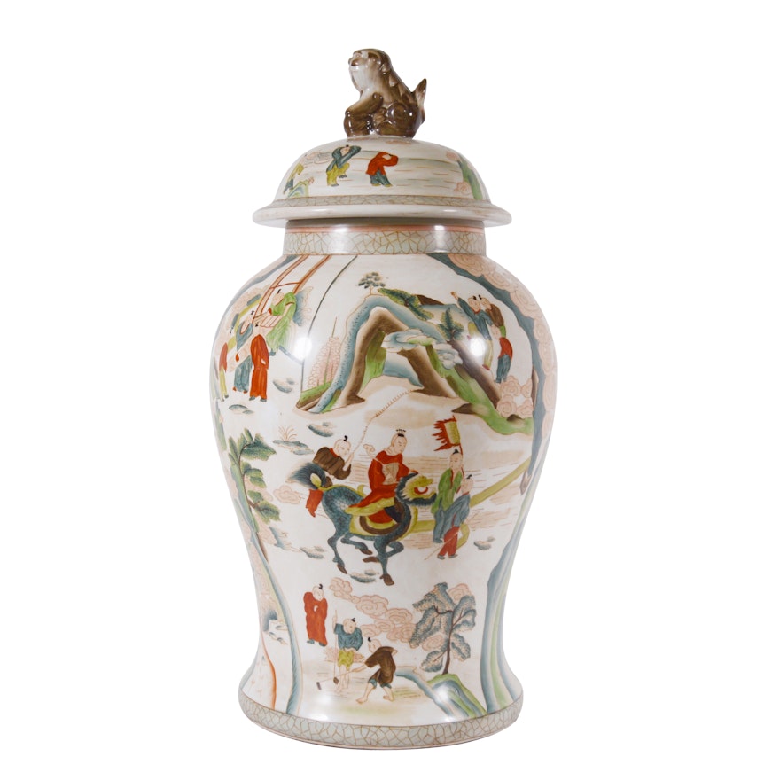 Large Chinese Painted Porcelain Jar With Guardian Lion Finial