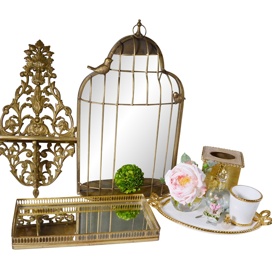 Brass Vanity Tray, Wall Birdcage and Other Decor