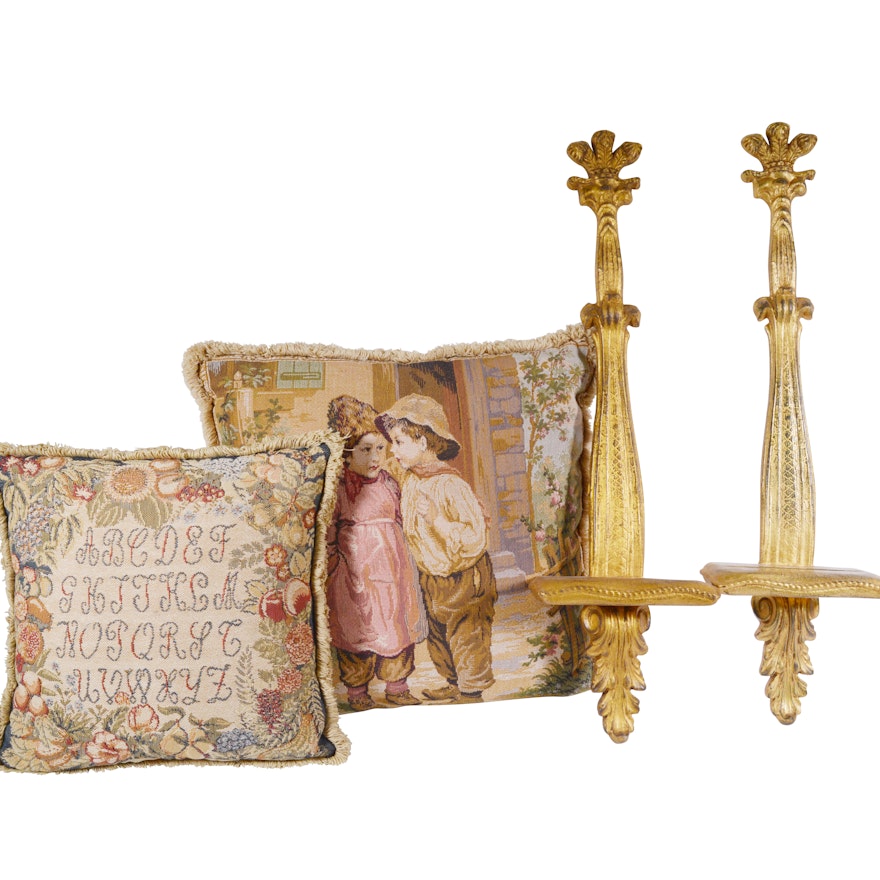 Gold Tone Painted Plate Shelves and Tapestry Style Pillows