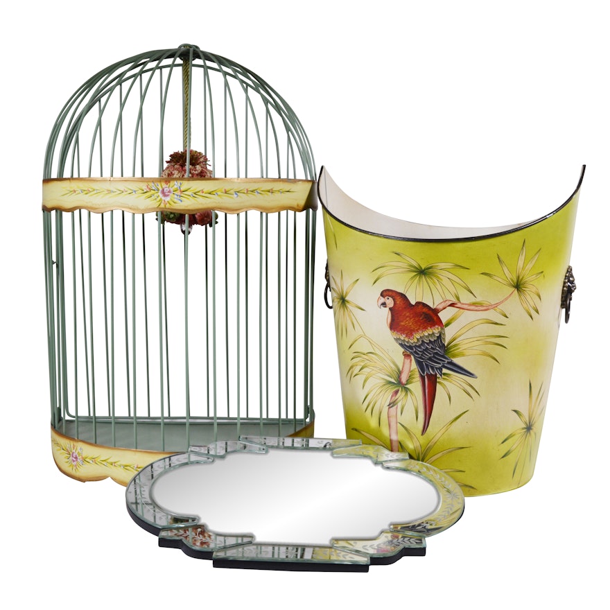 Metal Wastebasket, Birdcage and Mirrored Vanity Tray