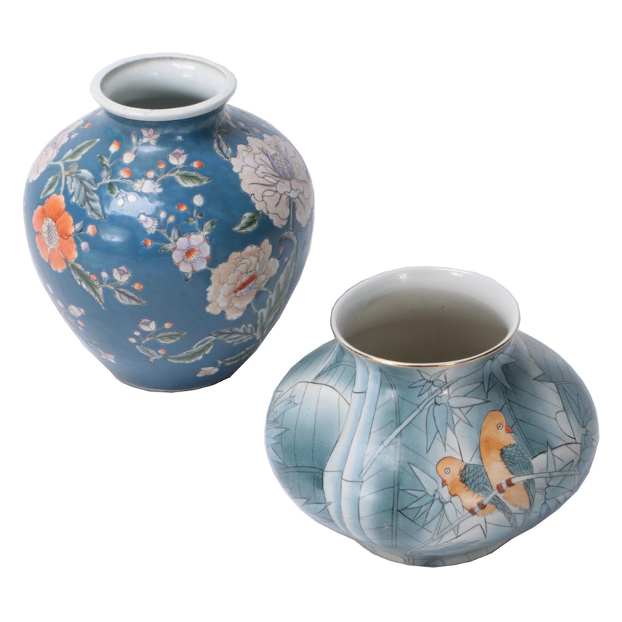 Chinese Hand-Painted Floral and Bird Motif Porcelain Vases