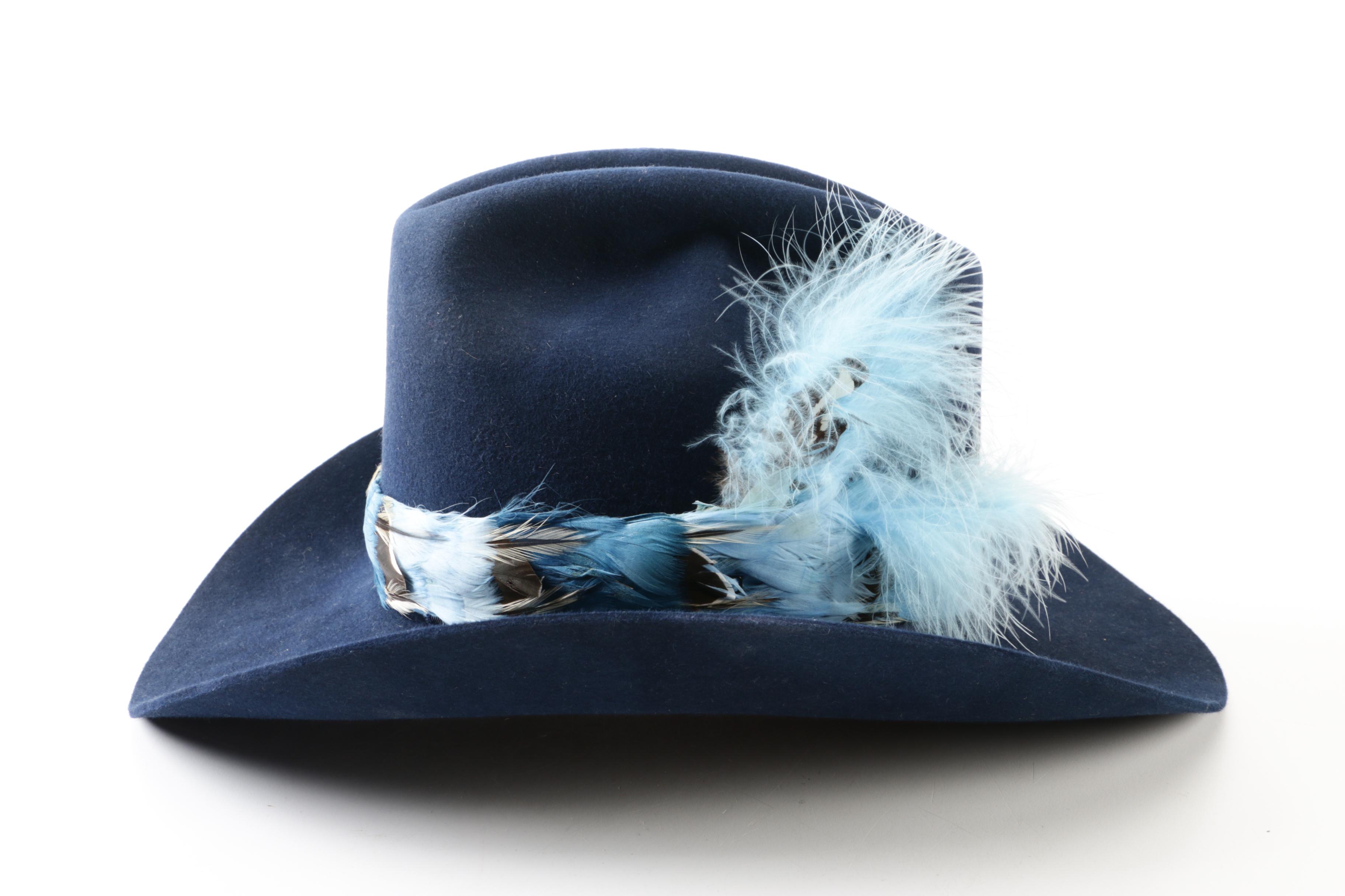 Morgan Boots & Hats Blue Felt Western Hat with Feathers and Coca-Cola Umbrella