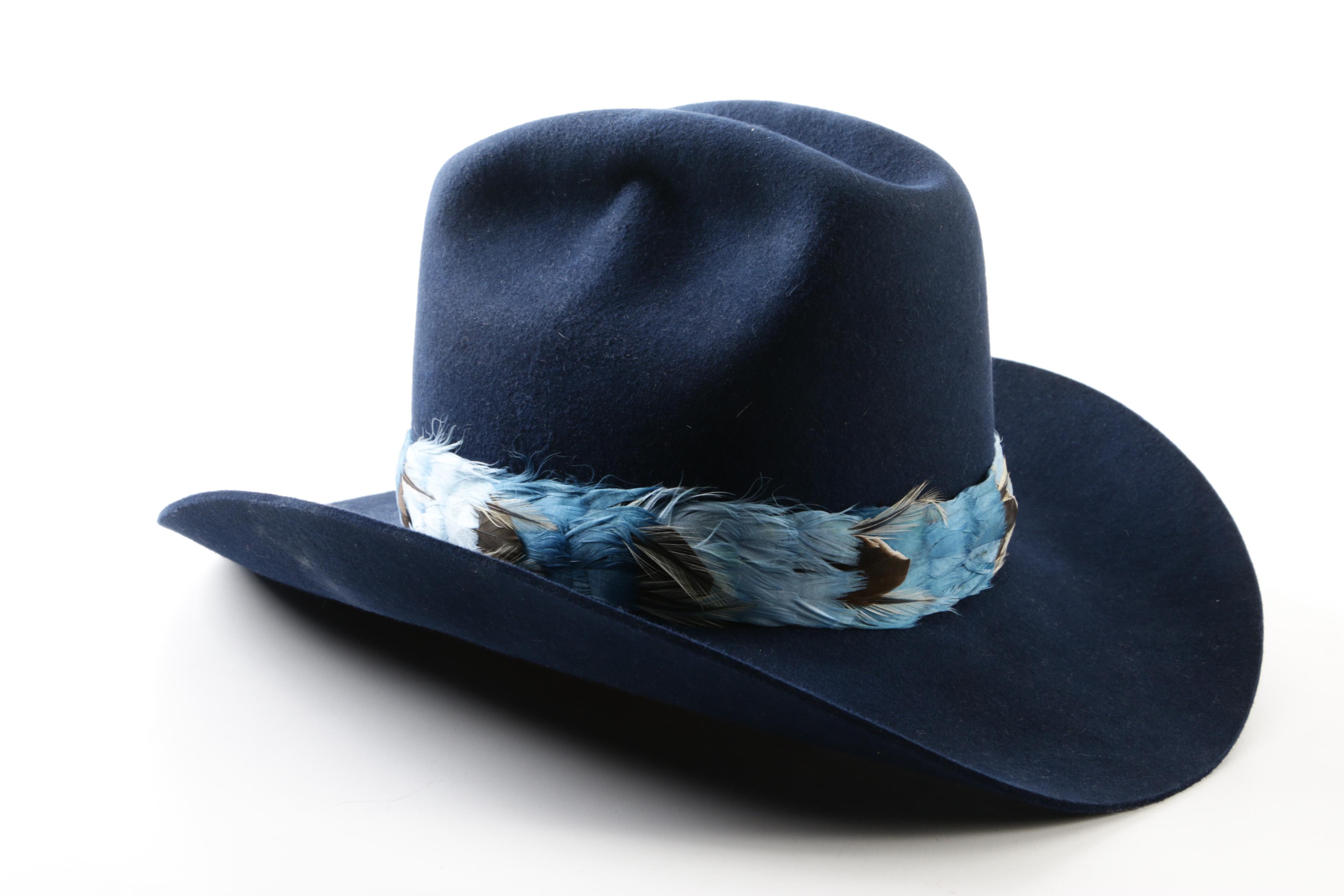 Morgan Boots & Hats Blue Felt Western Hat with Feathers and Coca-Cola Umbrella