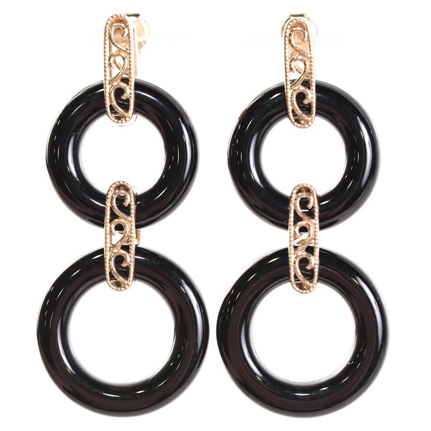 14K Yellow Gold and Black Onyx Circle Dangle Earrings