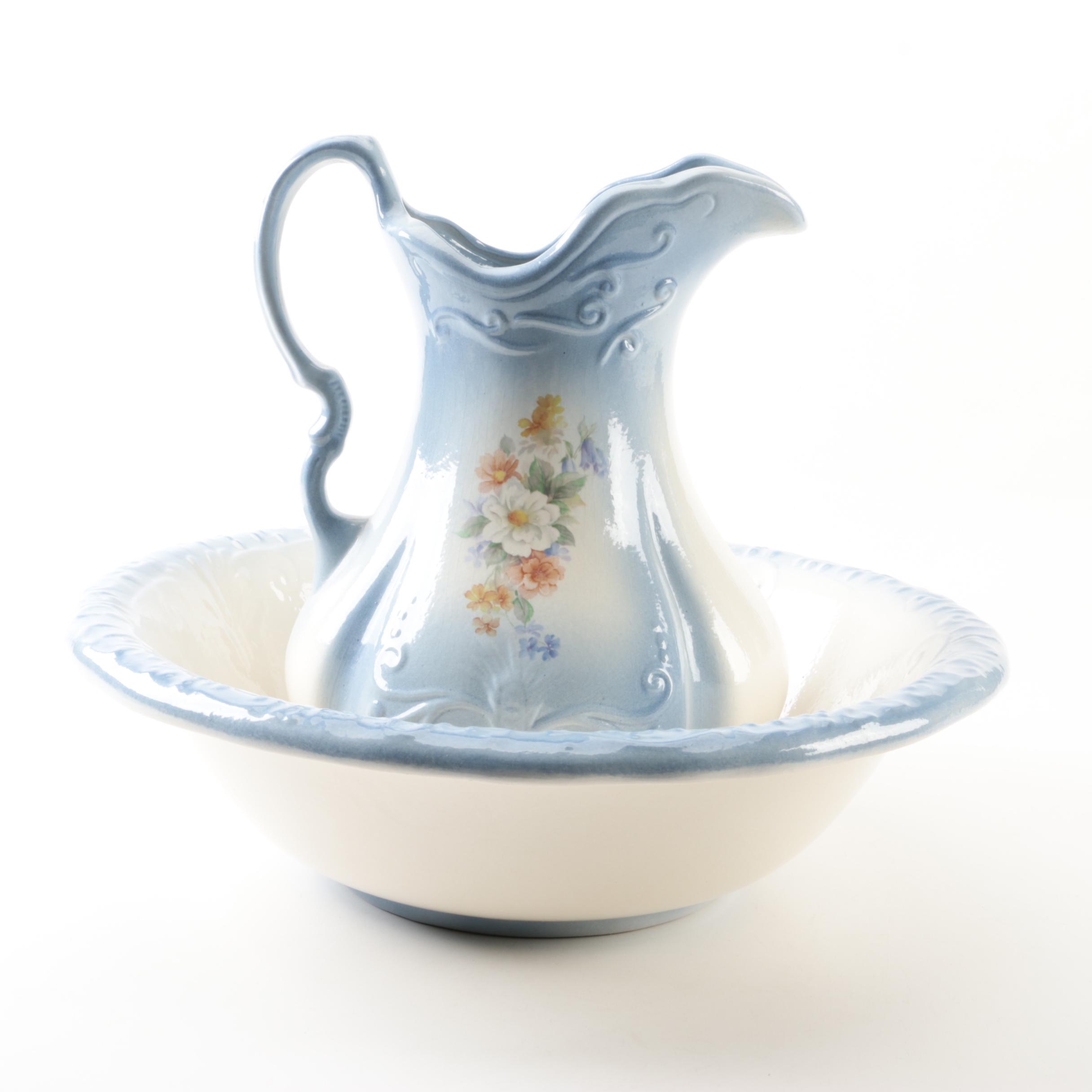 Floral and Scroll Ironstone Water Pitcher and Wash Basin