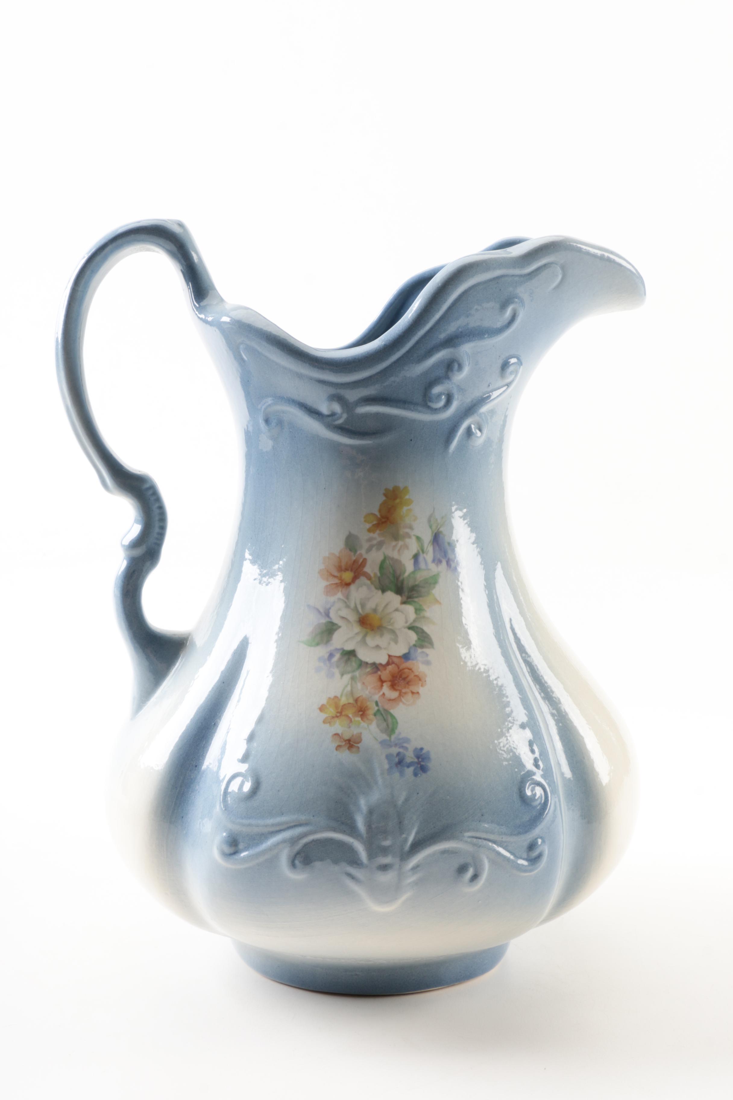 Floral and Scroll Ironstone Water Pitcher and Wash Basin
