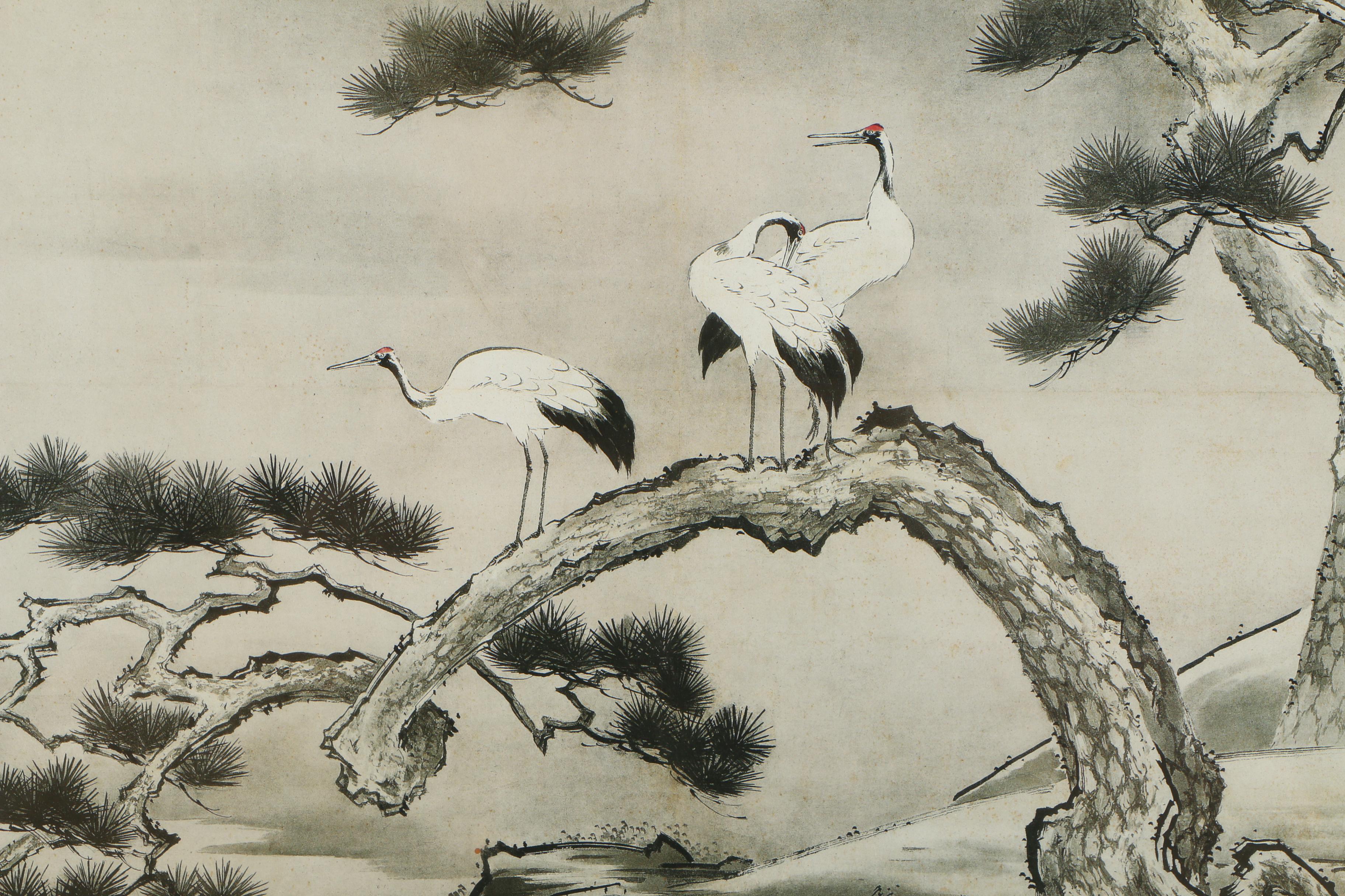 Offset Lithograph after East Asian Watercolor Painting of Red Crowned Cranes
