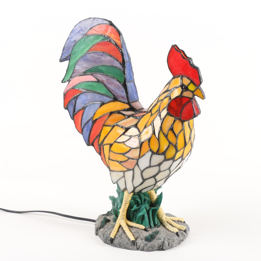 Stained Glass Figural Rooster Accent Lamp with Resin Base