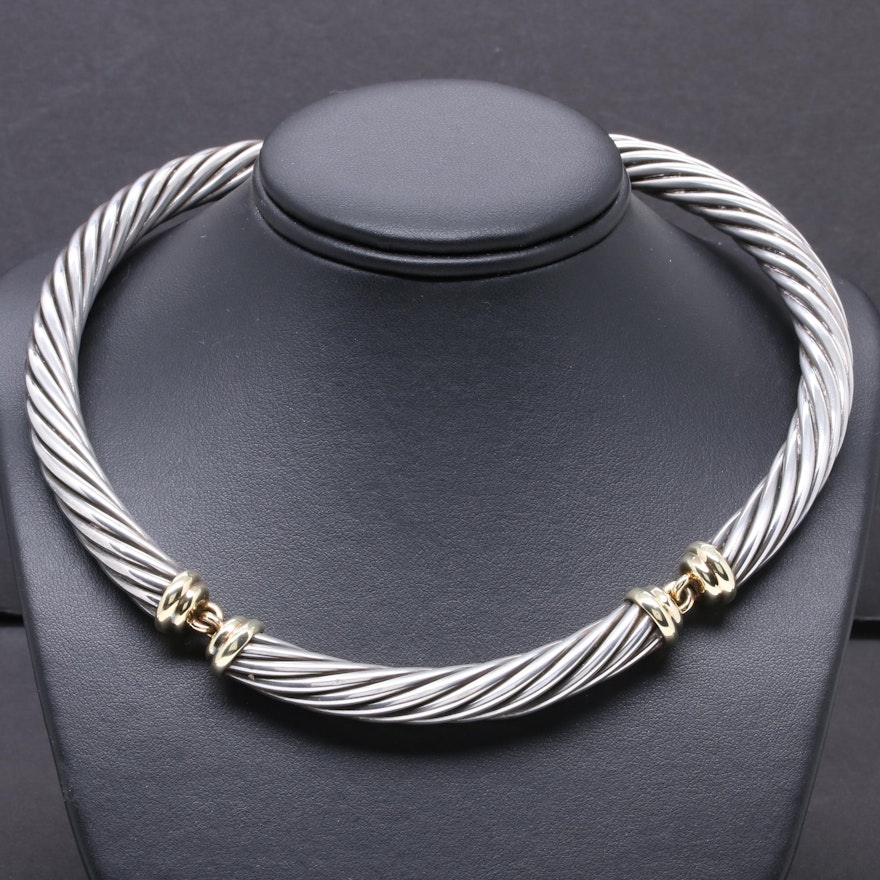 David Yurman "Metro" Sterling Silver Cable Collar Necklace with 14K Accents