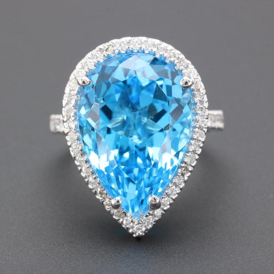 14K White Gold 15.50 CT Blue Topaz and Diamond Ring