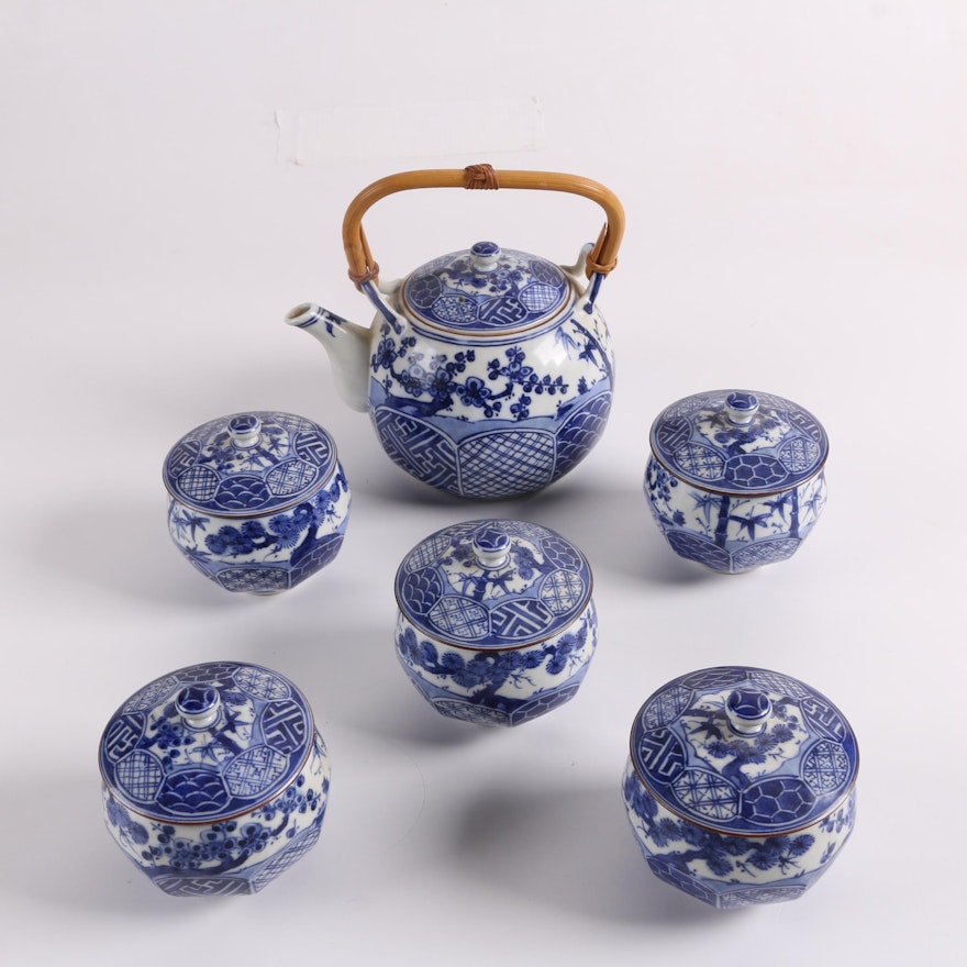 Japanese Blue and White Porcelain Tea Set with Lidded Cups