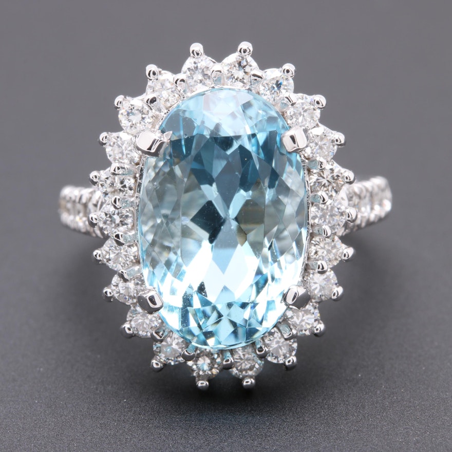 14K White Gold 6.93 CT Aquamarine and Diamond Ring