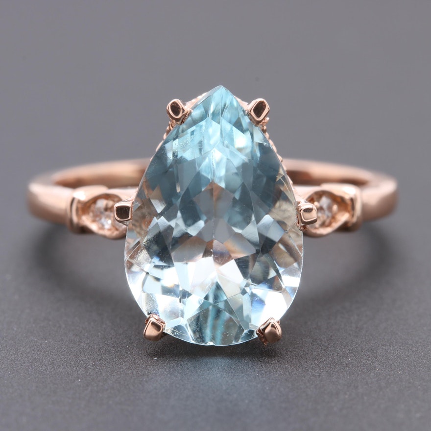 14K Rose Gold 3.31 CT Aquamarine and Diamond Ring