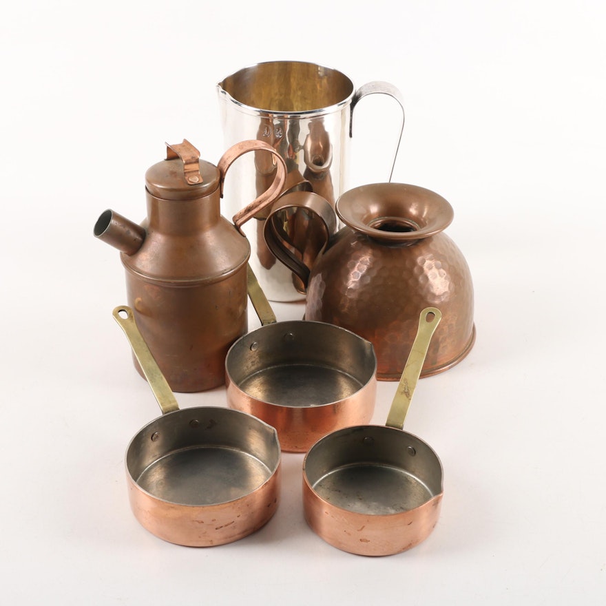 Copper Saucepans and Serveware Including Silver Plate Calegaro Italian Pitcher