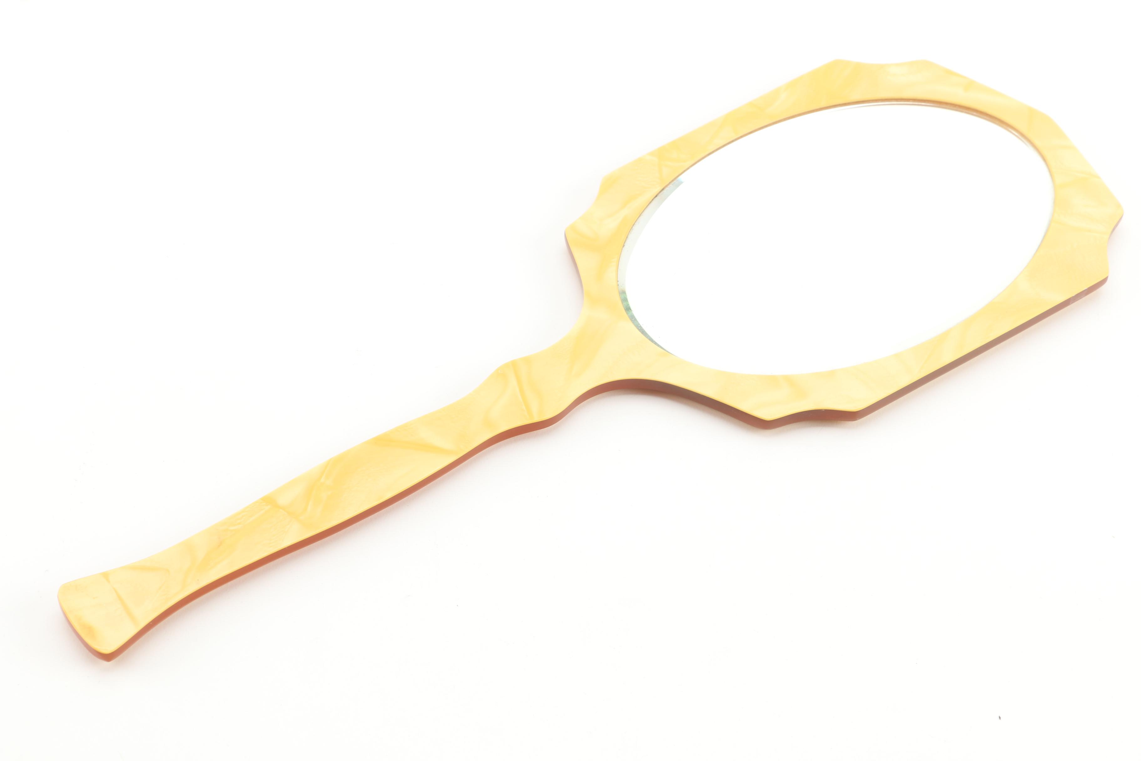 Vintage Seven-Piece Celluloid Vanity Set and Erphila Art Pottery Lidded Box