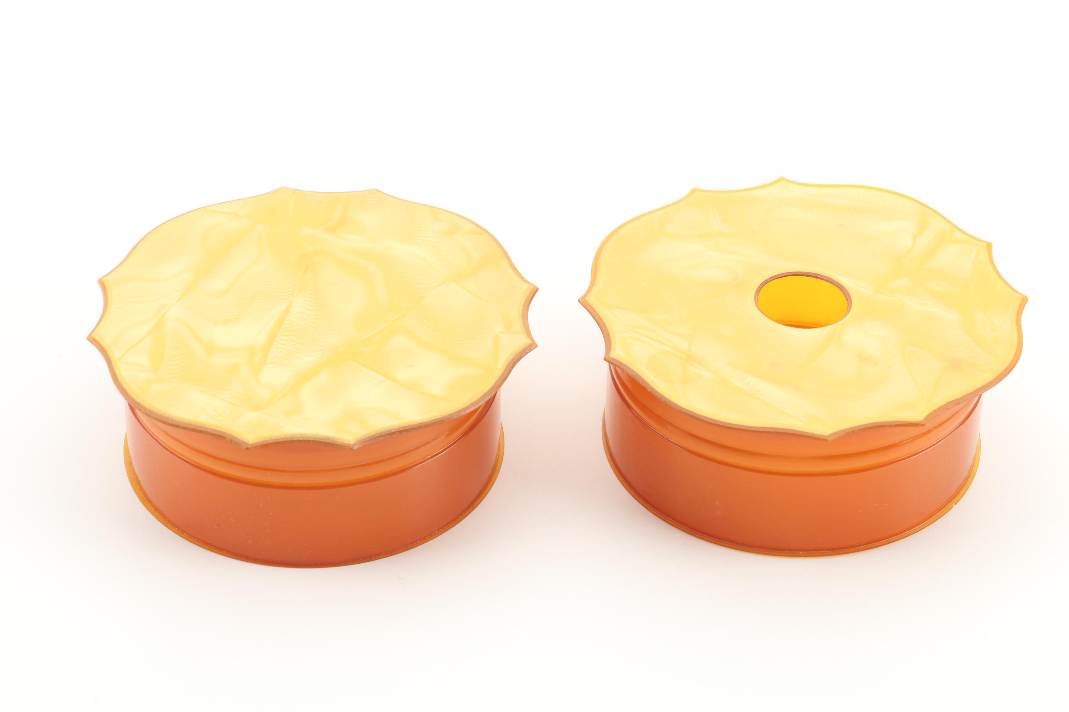 Vintage Seven-Piece Celluloid Vanity Set and Erphila Art Pottery Lidded Box