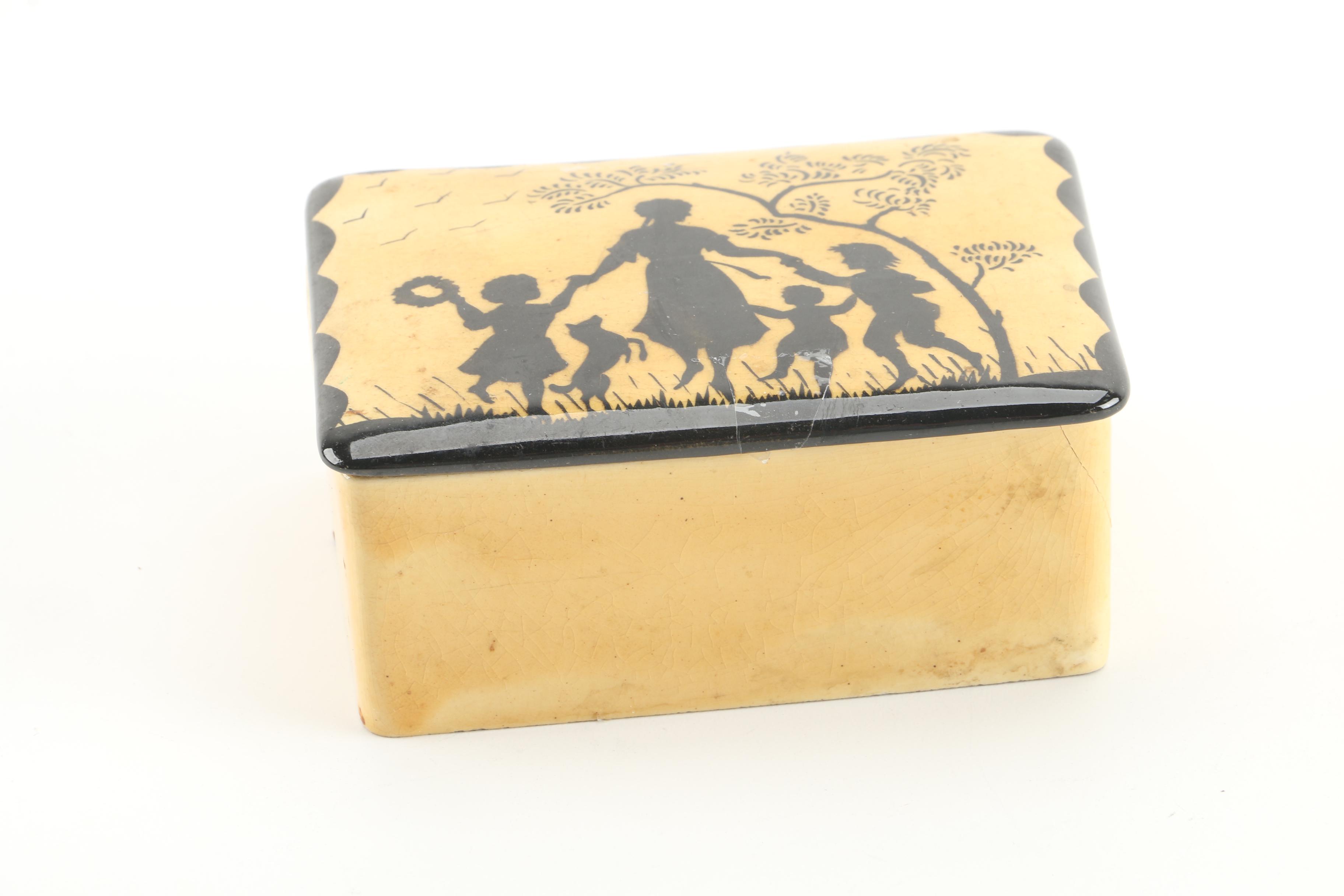 Vintage Seven-Piece Celluloid Vanity Set and Erphila Art Pottery Lidded Box