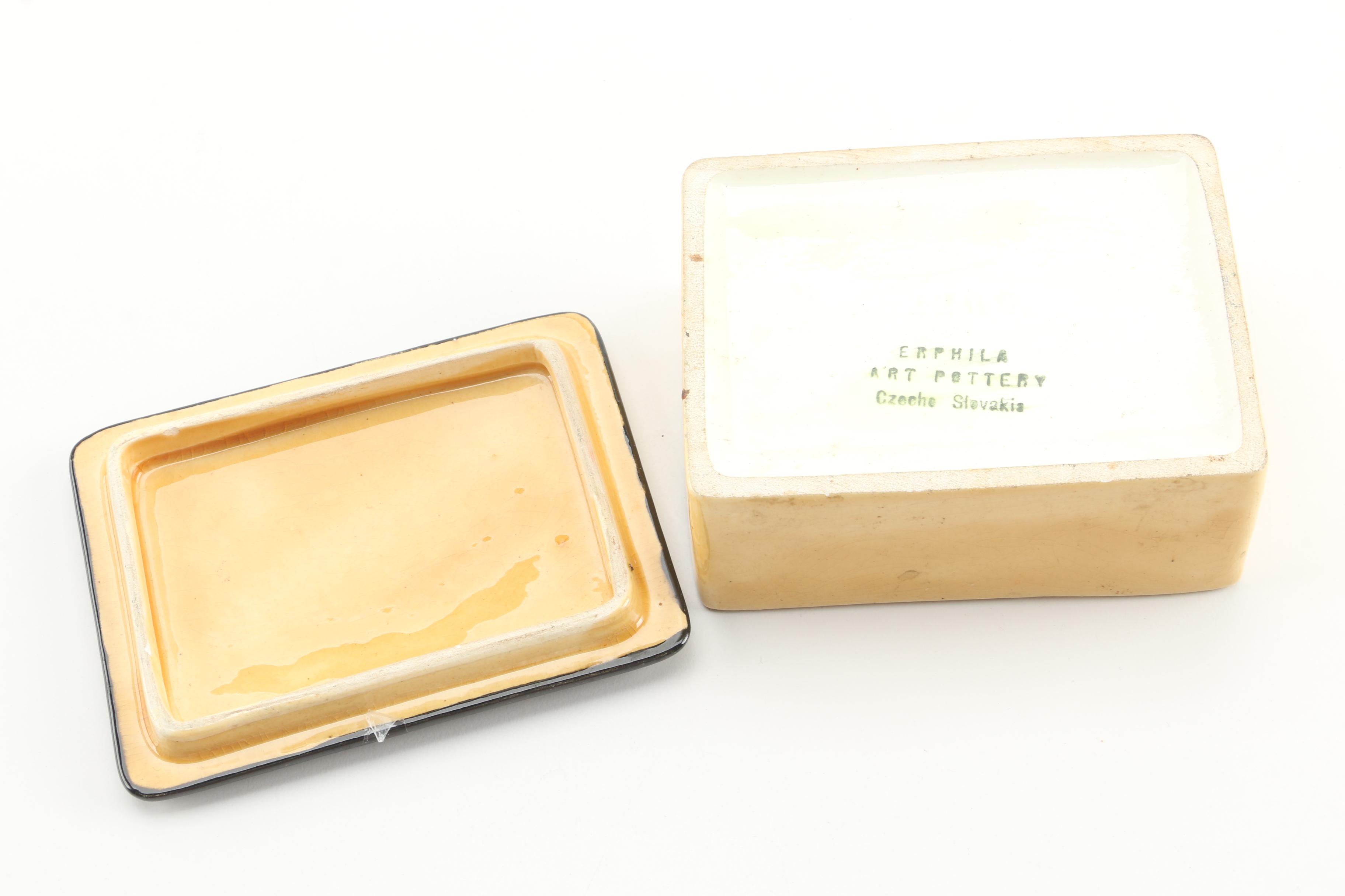 Vintage Seven-Piece Celluloid Vanity Set and Erphila Art Pottery Lidded Box