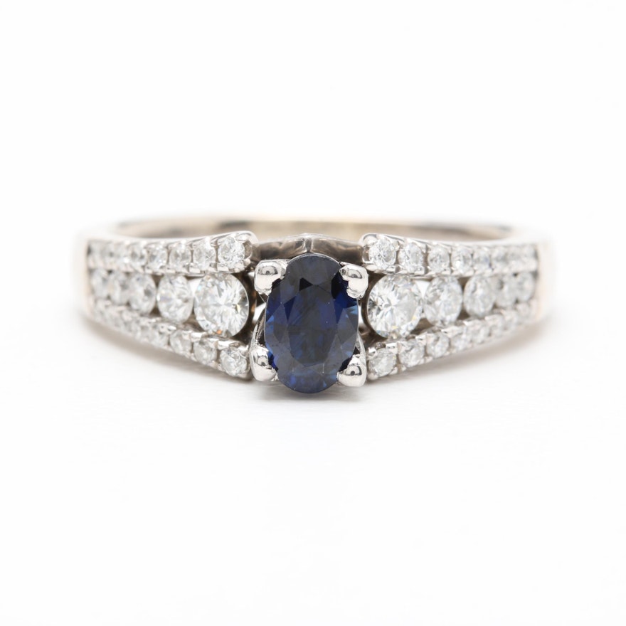 14K White Gold Blue Sapphire and 1.00 CTW Diamond Ring