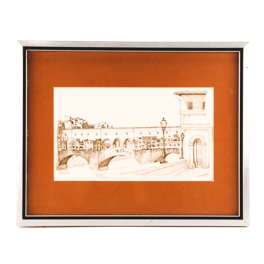 B. Chum 1977 Pen & Ink Drawing on Paper "Ponte Vecchio, Firenze"