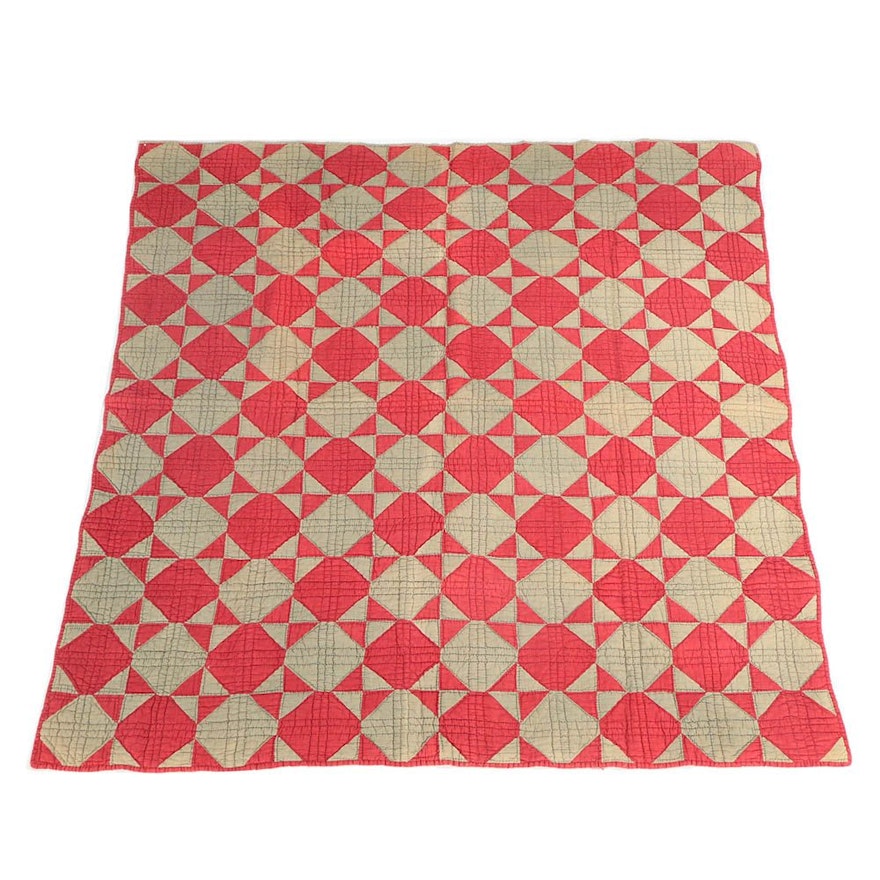 Antique Handmade Red And Muted Green Block Quilt