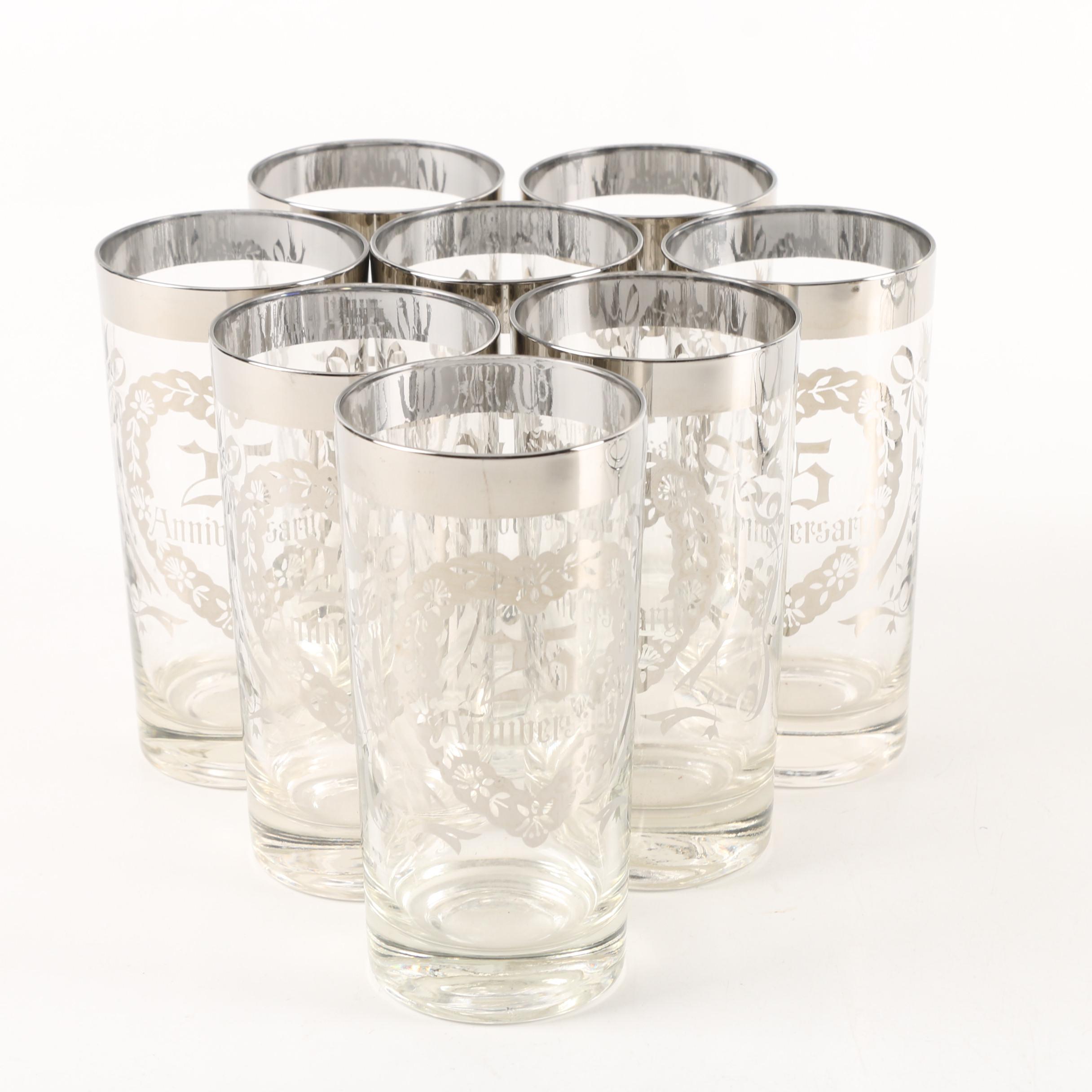 Mid Century Dorothy Thorpe "Silver Band" Style Anniversary Highball Glassware