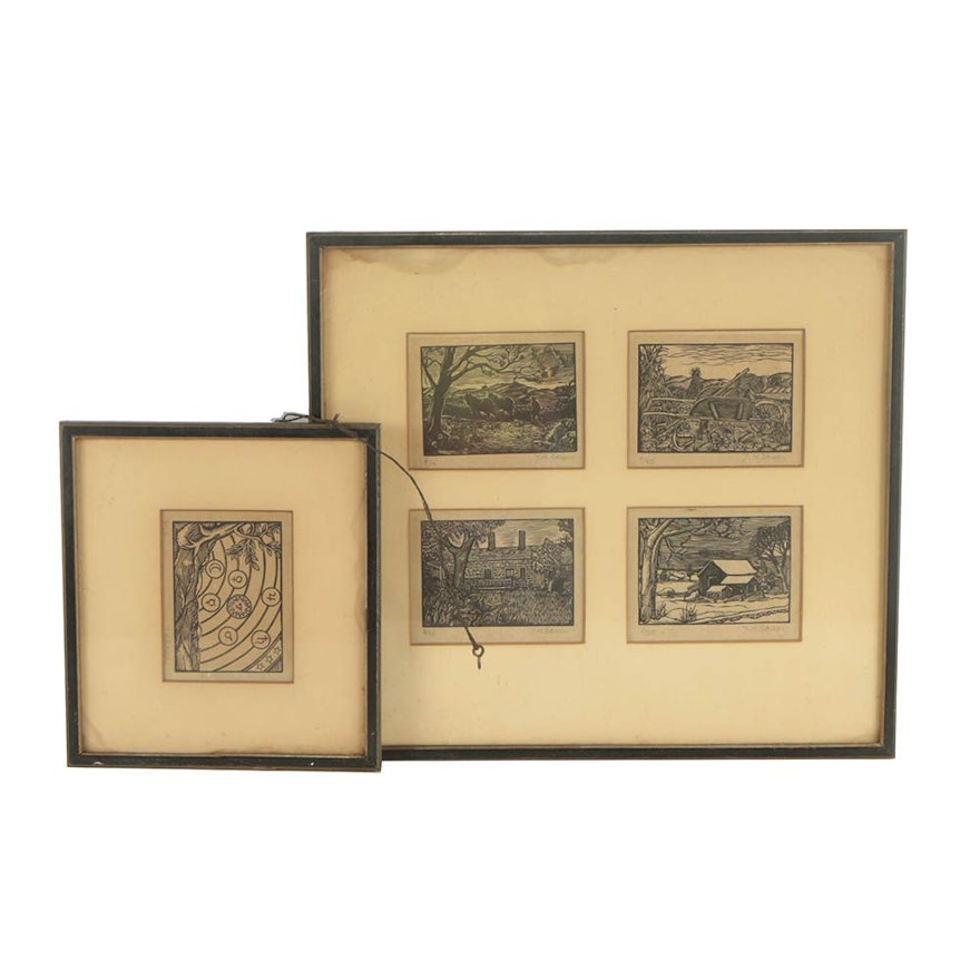 Early to Mid 20th Century Limited Edition Hand-Colored Wood Engravings