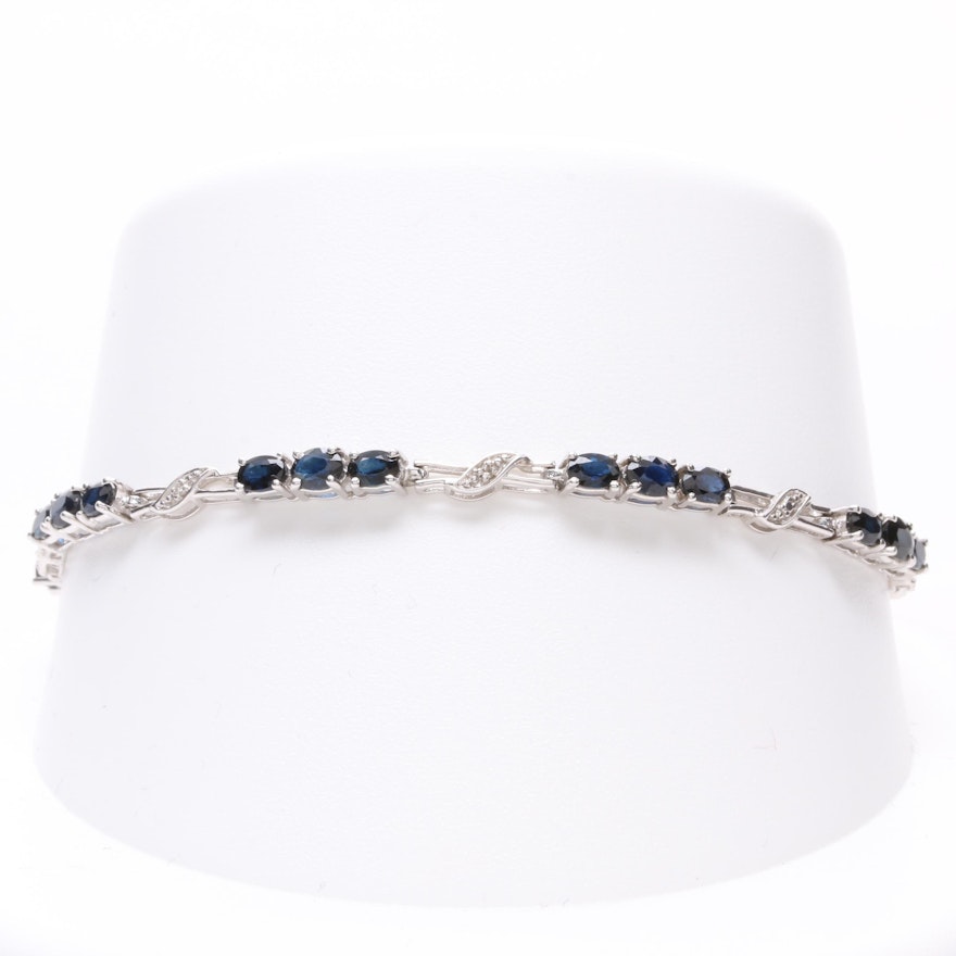 10K White Gold Blue Sapphire and Diamond Tennis Bracelet