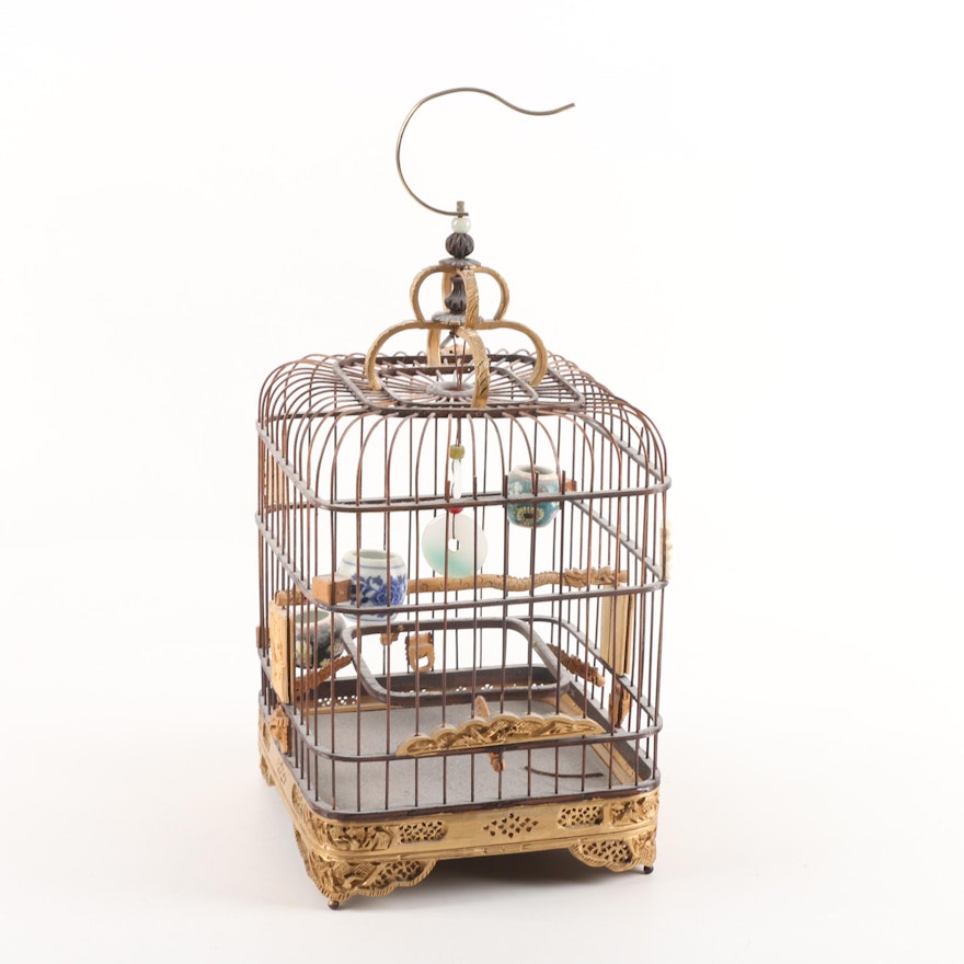 Chinese Giltwood and Metal Birdcage with Jadeite Dyed Glass Accent