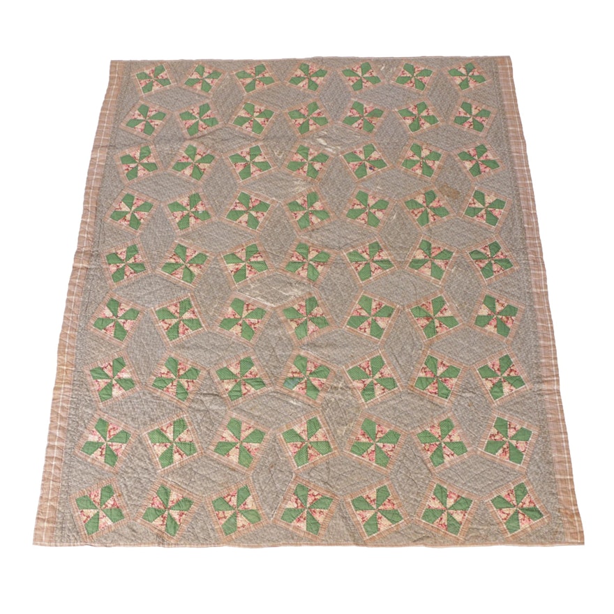 Antique Handmade Green And Brown Block Quilt