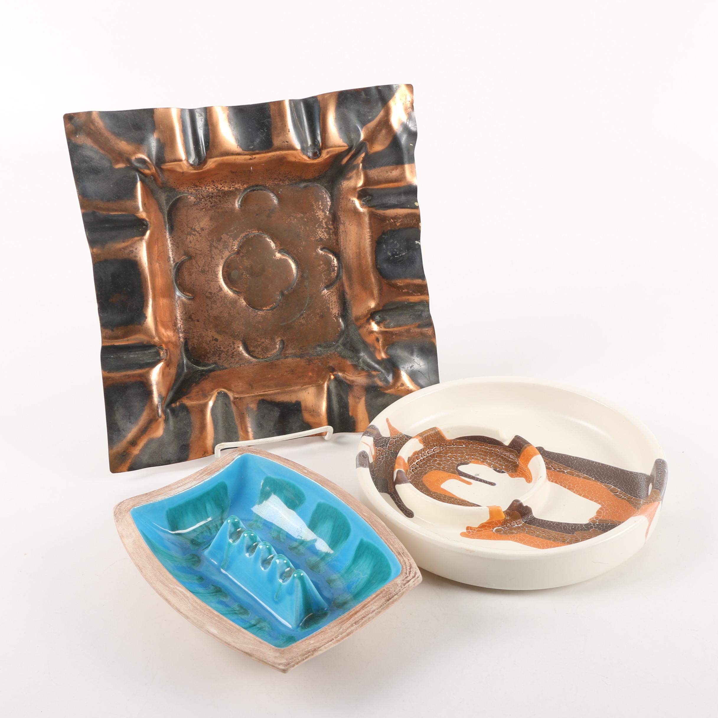 Mid 20th Century Inca Copper, Royal Haeger and California Pottery Ash Receivers