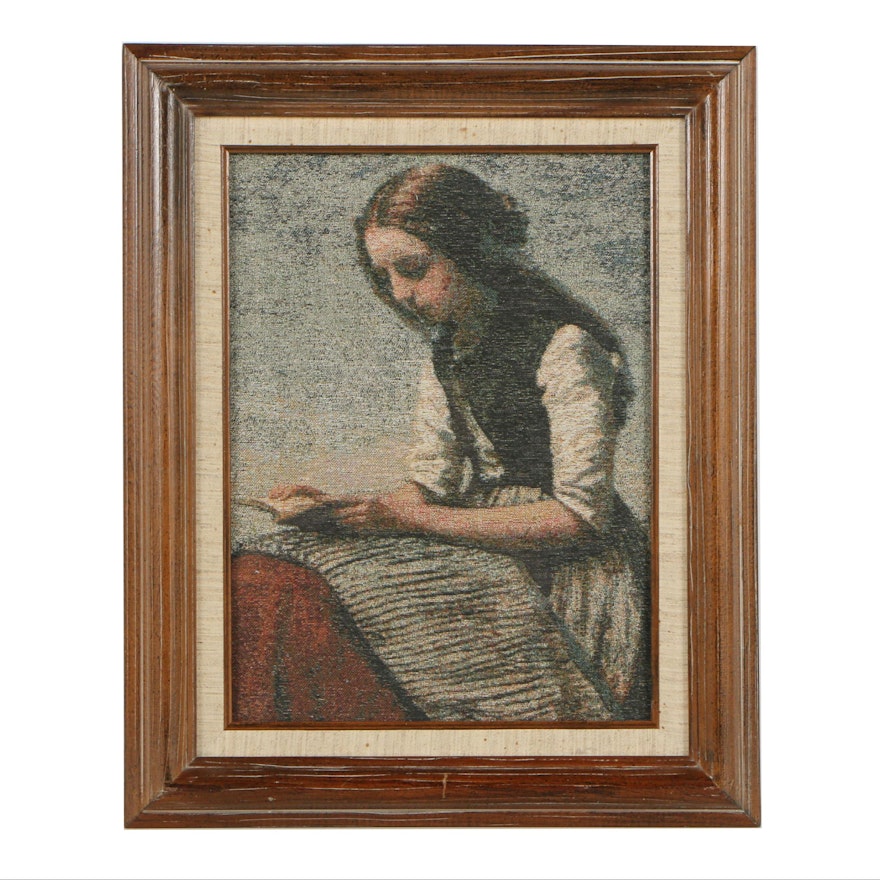 Framed Woven Tapestry of a Girl Reading