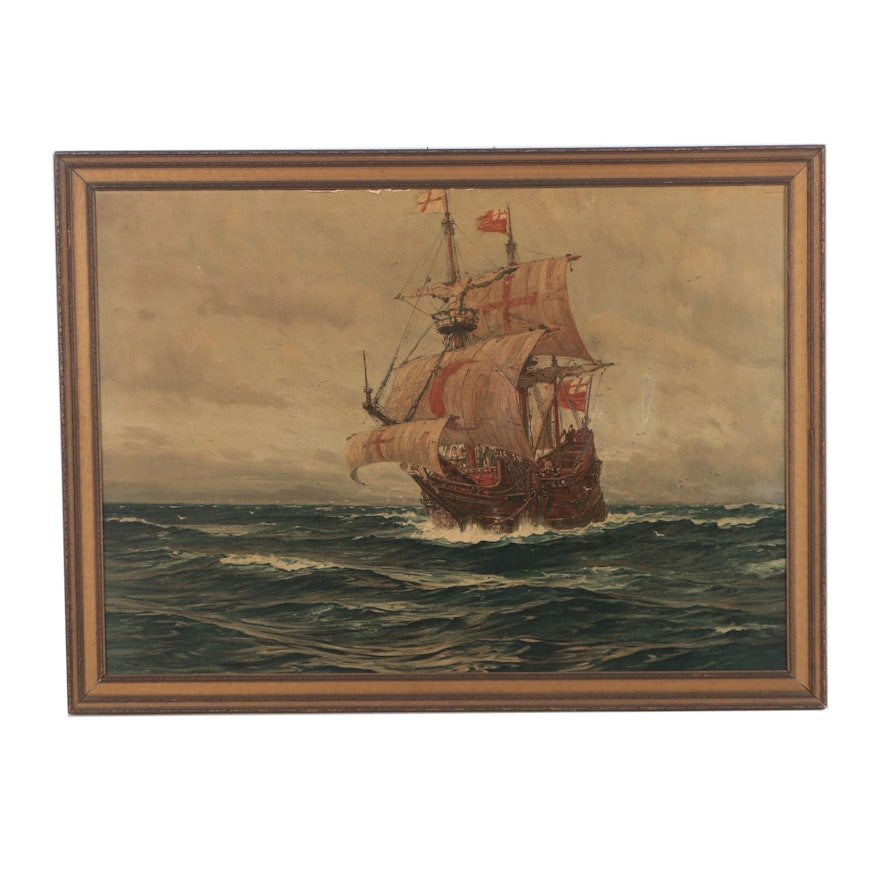 Mid 20th Century Collotype of a Sailing Ship